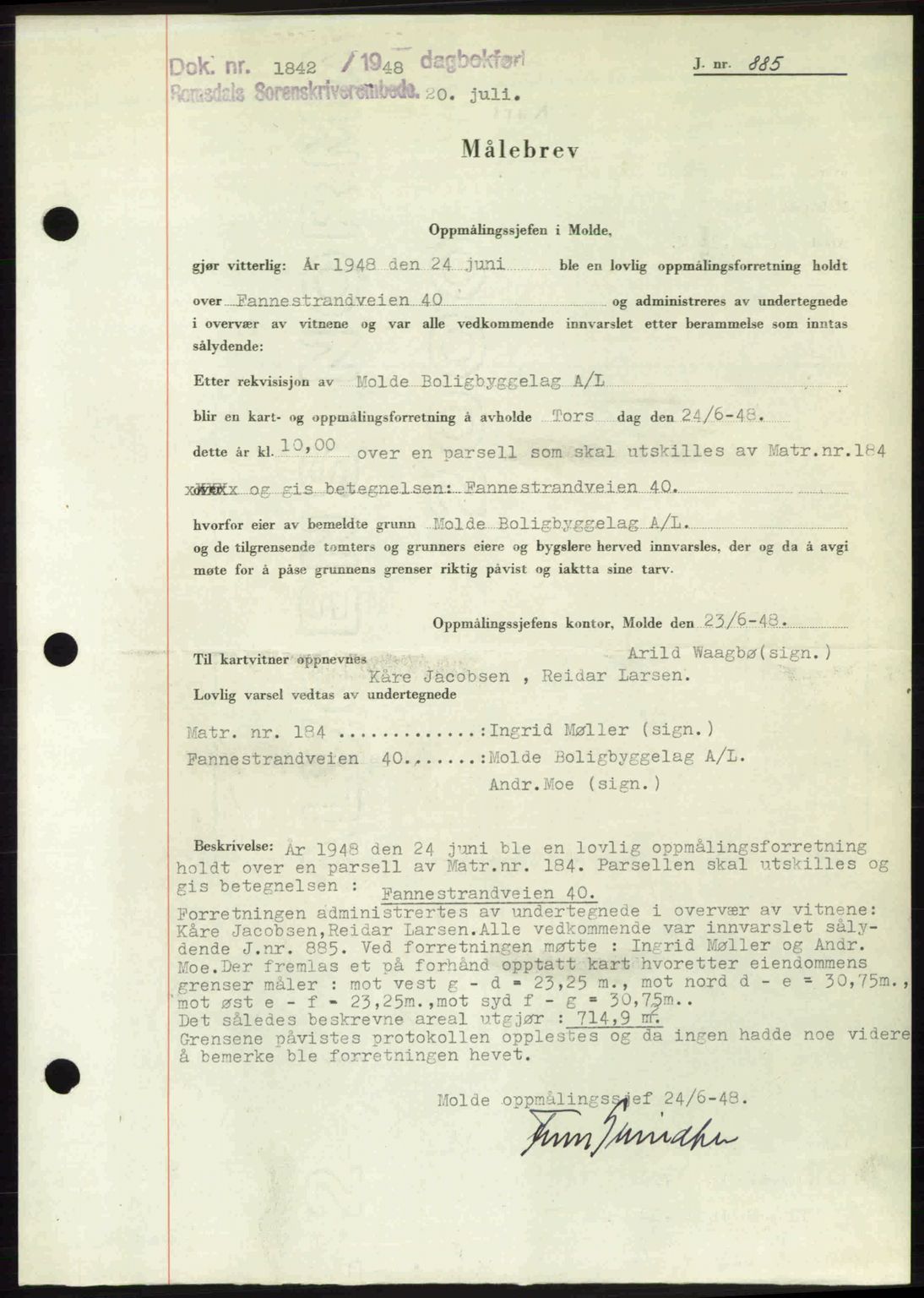 Romsdal sorenskriveri, AV/SAT-A-4149/1/2/2C: Mortgage book no. A26, 1948-1948, Diary no: : 1842/1948