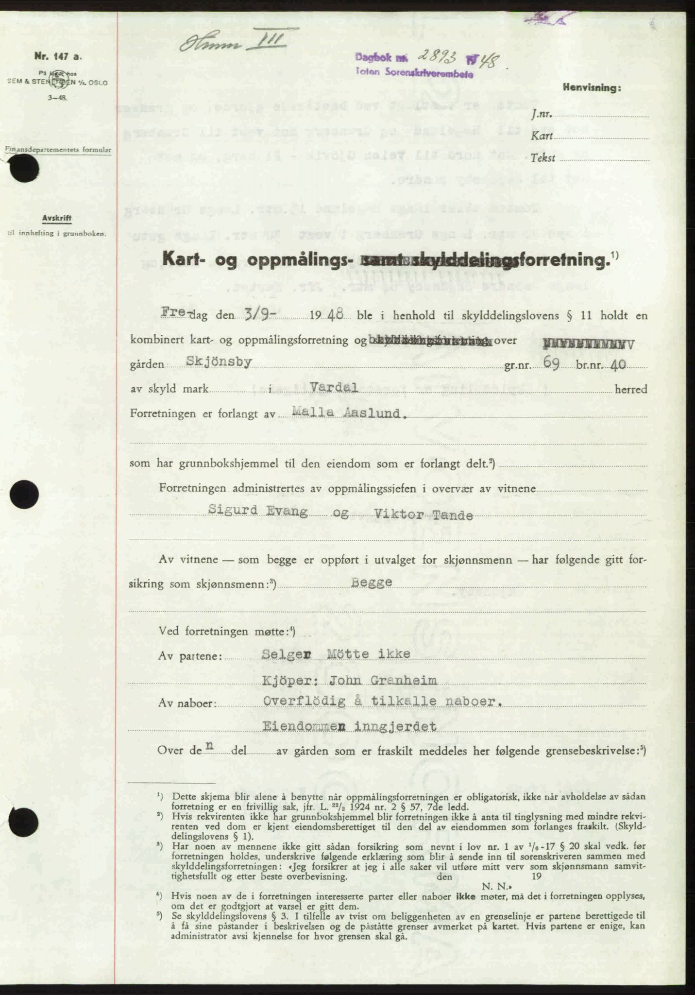 Toten tingrett, SAH/TING-006/H/Hb/Hbc/L0020: Mortgage book no. Hbc-20, 1948-1948, Diary no: : 2893/1948