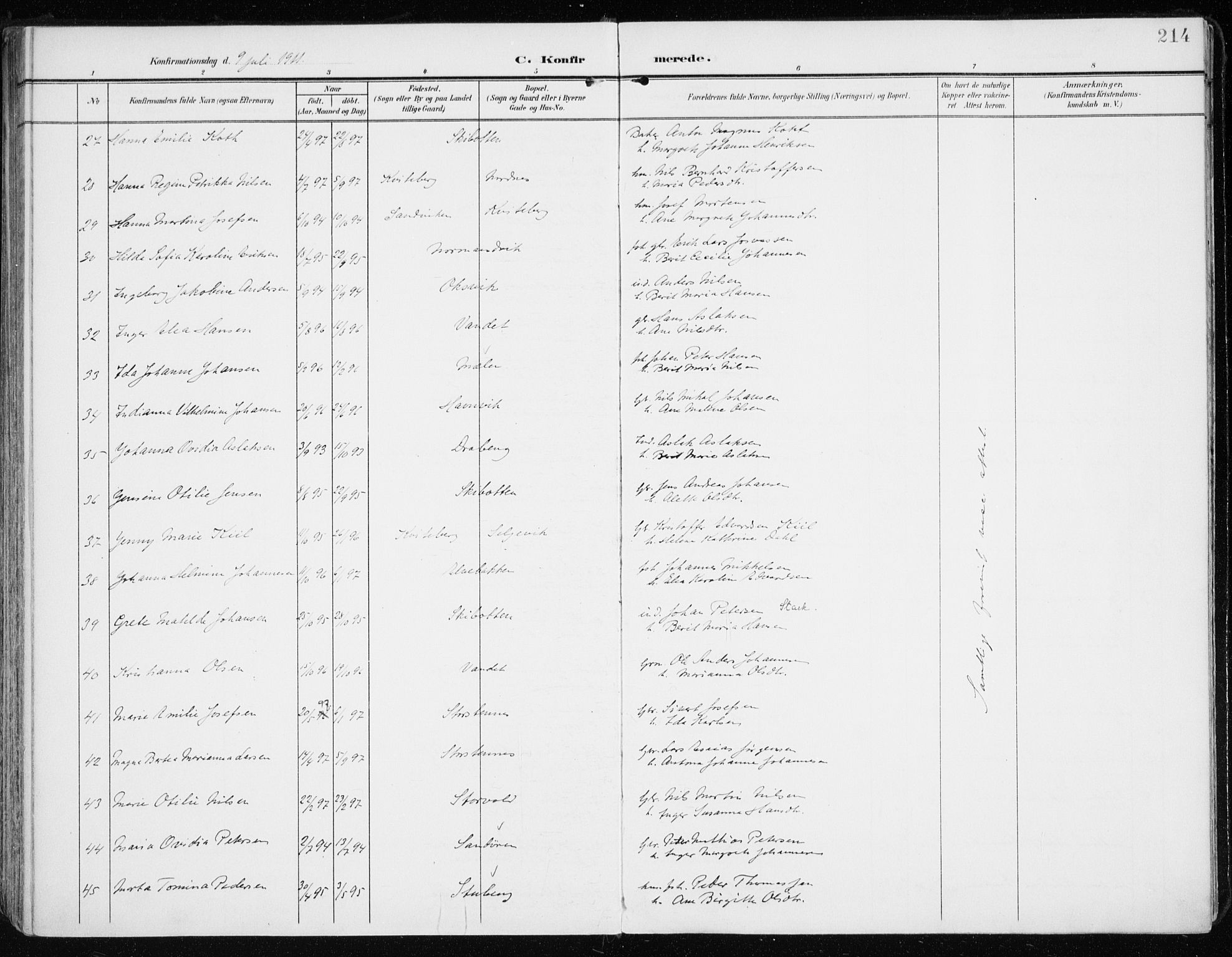 Lyngen sokneprestembete, AV/SATØ-S-1289/H/He/Hea/L0011kirke: Parish register (official) no. 11, 1903-1913, p. 214