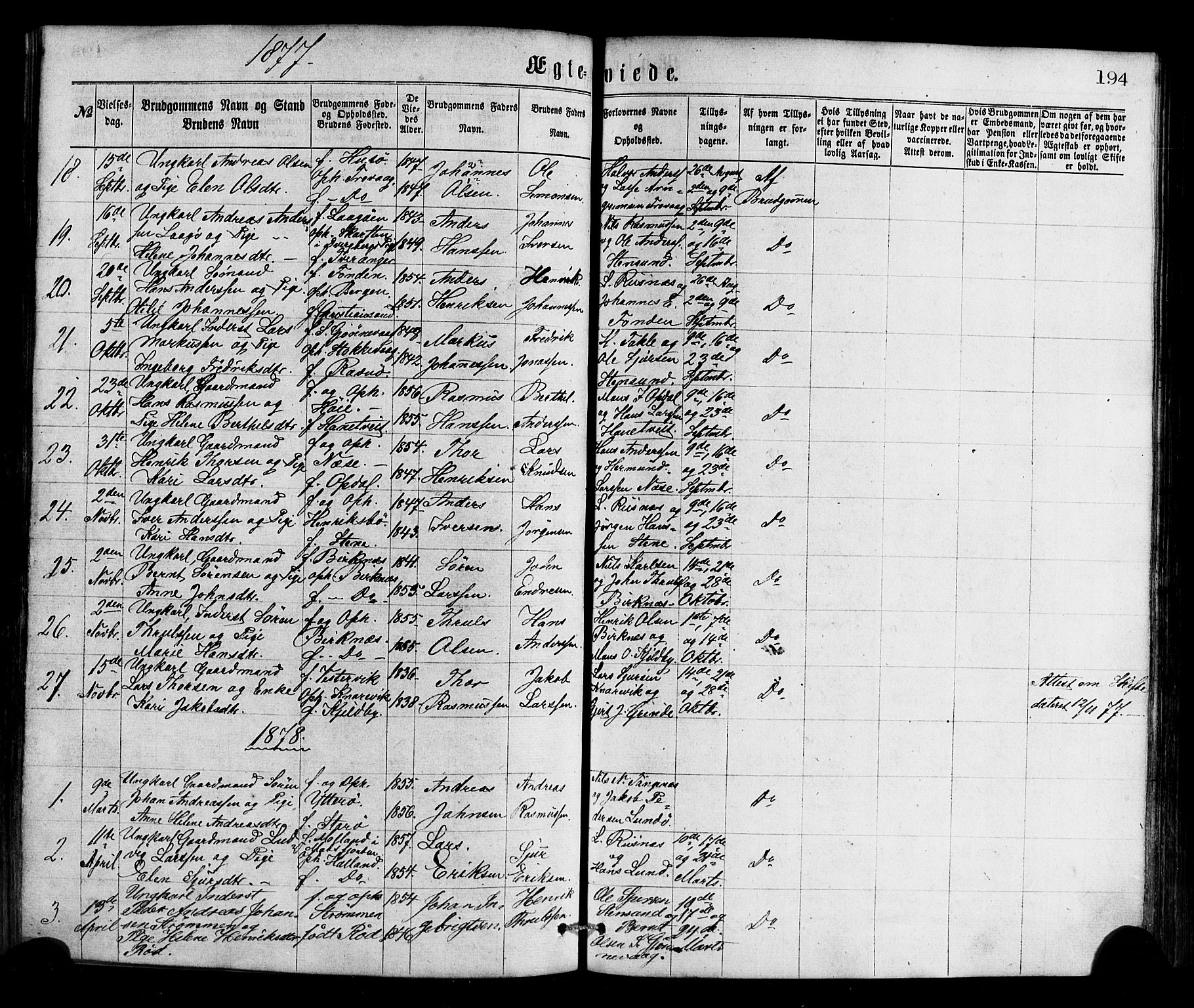 Gulen sokneprestembete, SAB/A-80201/H/Haa/Haaa/L0023: Parish register (official) no. A 23, 1870-1880, p. 194