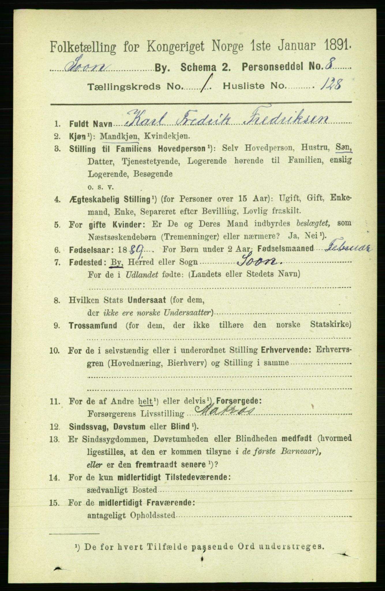 RA, 1891 census for 0201 Son, 1891, p. 818