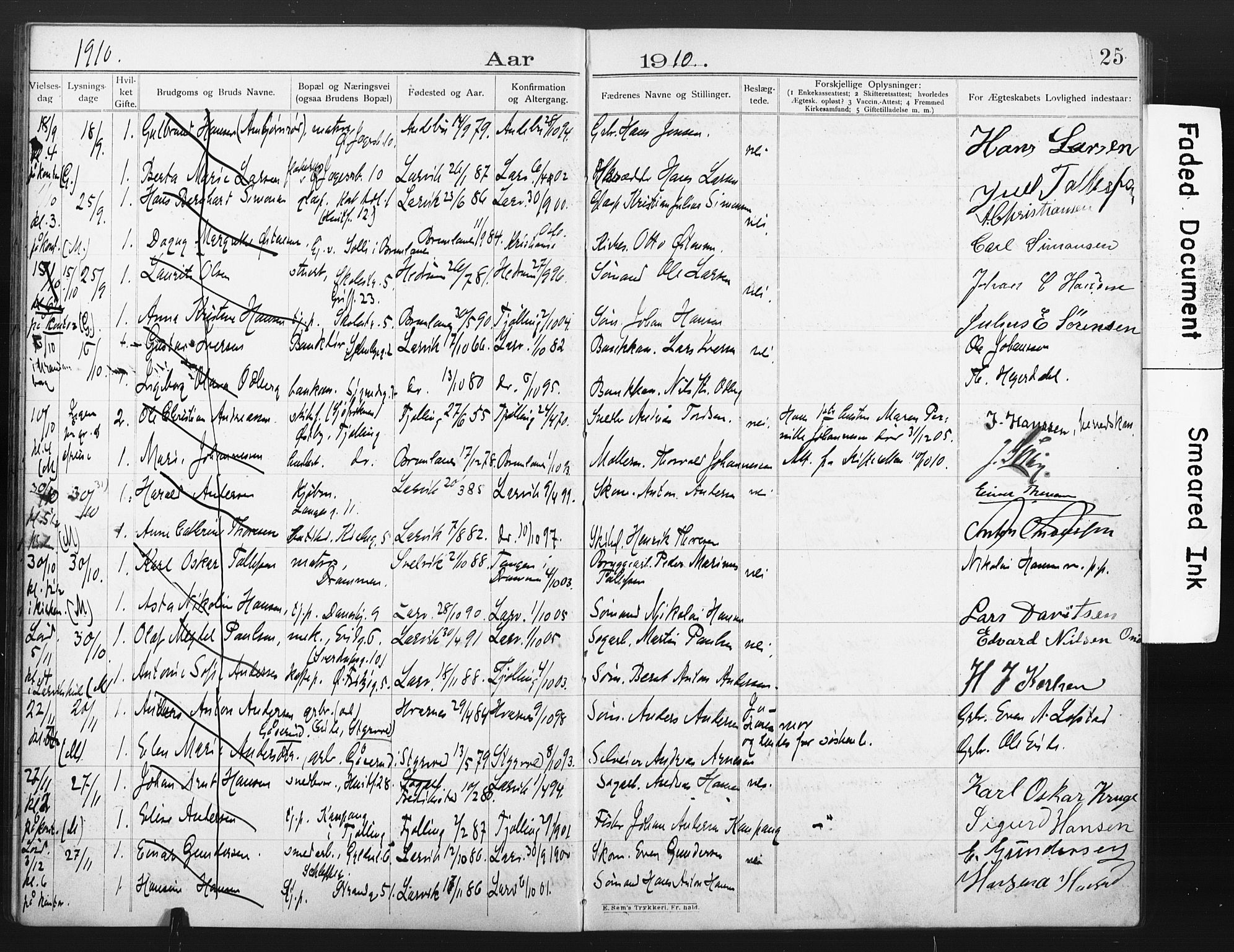 Larvik kirkebøker, AV/SAKO-A-352/H/Ha/L0003: Banns register no. 3, 1907-1918, p. 25