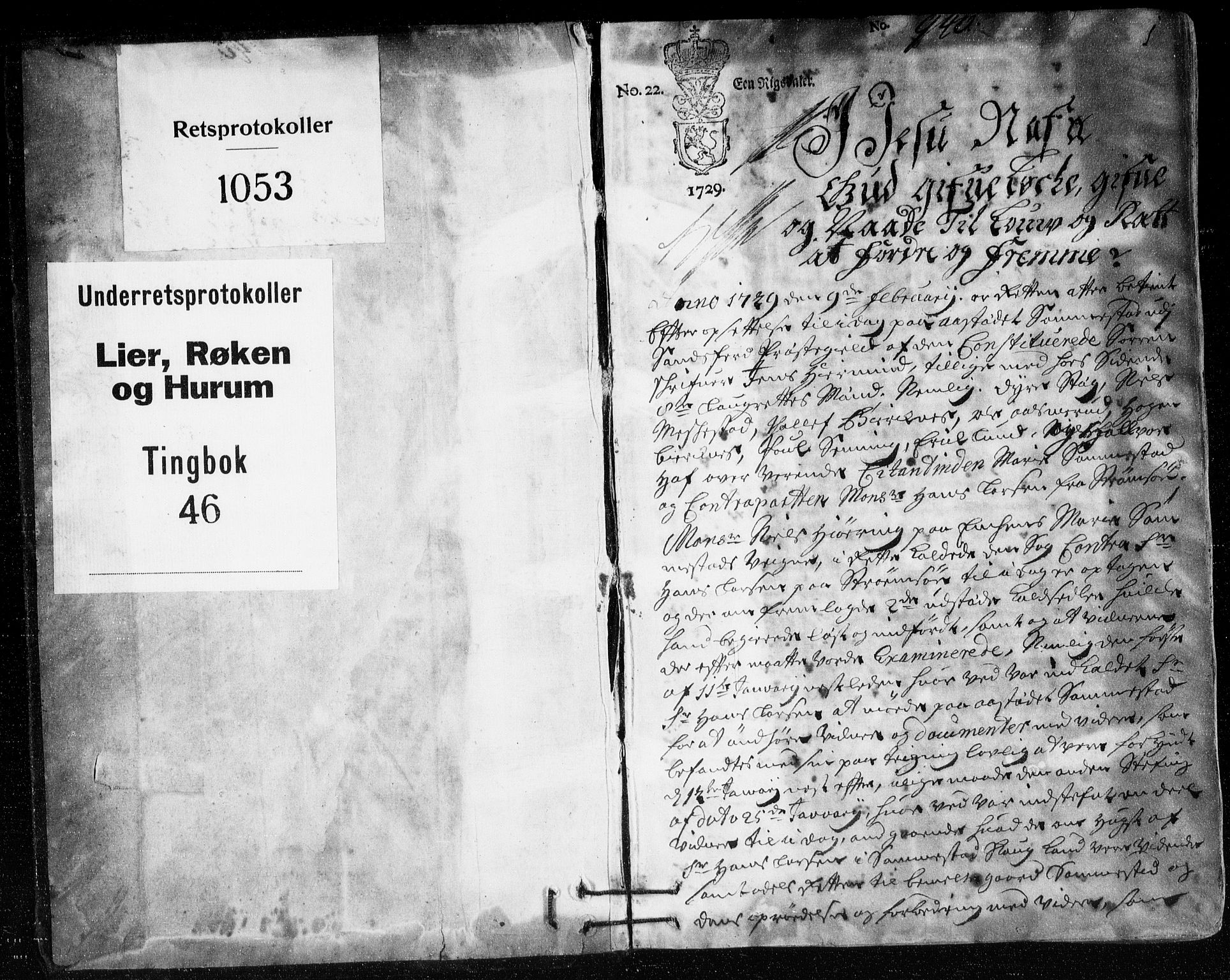 Lier, Røyken og Hurum sorenskriveri, SAKO/A-89/F/Fa/L0046: Tingbok, 1729-1733, p. 1