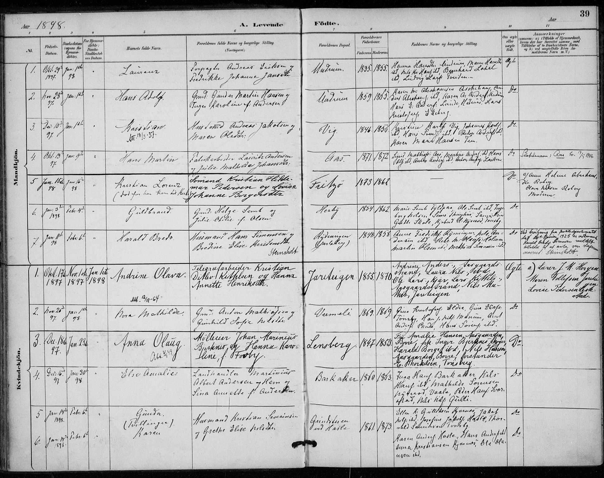 Sem kirkebøker, AV/SAKO-A-5/F/Fa/L0011: Parish register (official) no. I 11, 1888-1904, p. 39