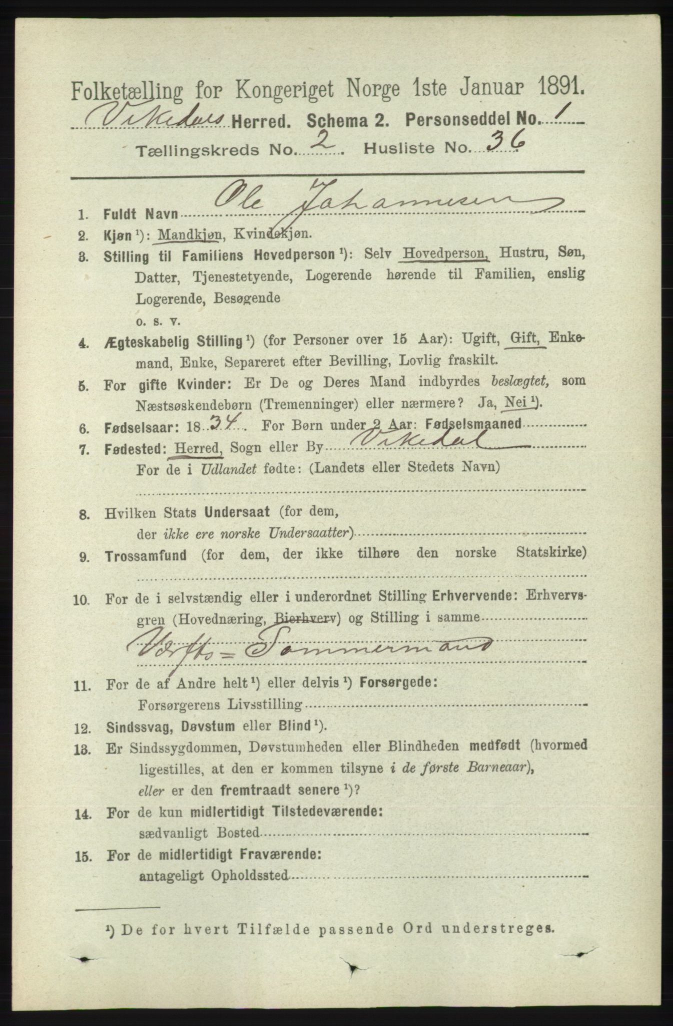 RA, 1891 census for 1157 Vikedal, 1891, p. 432