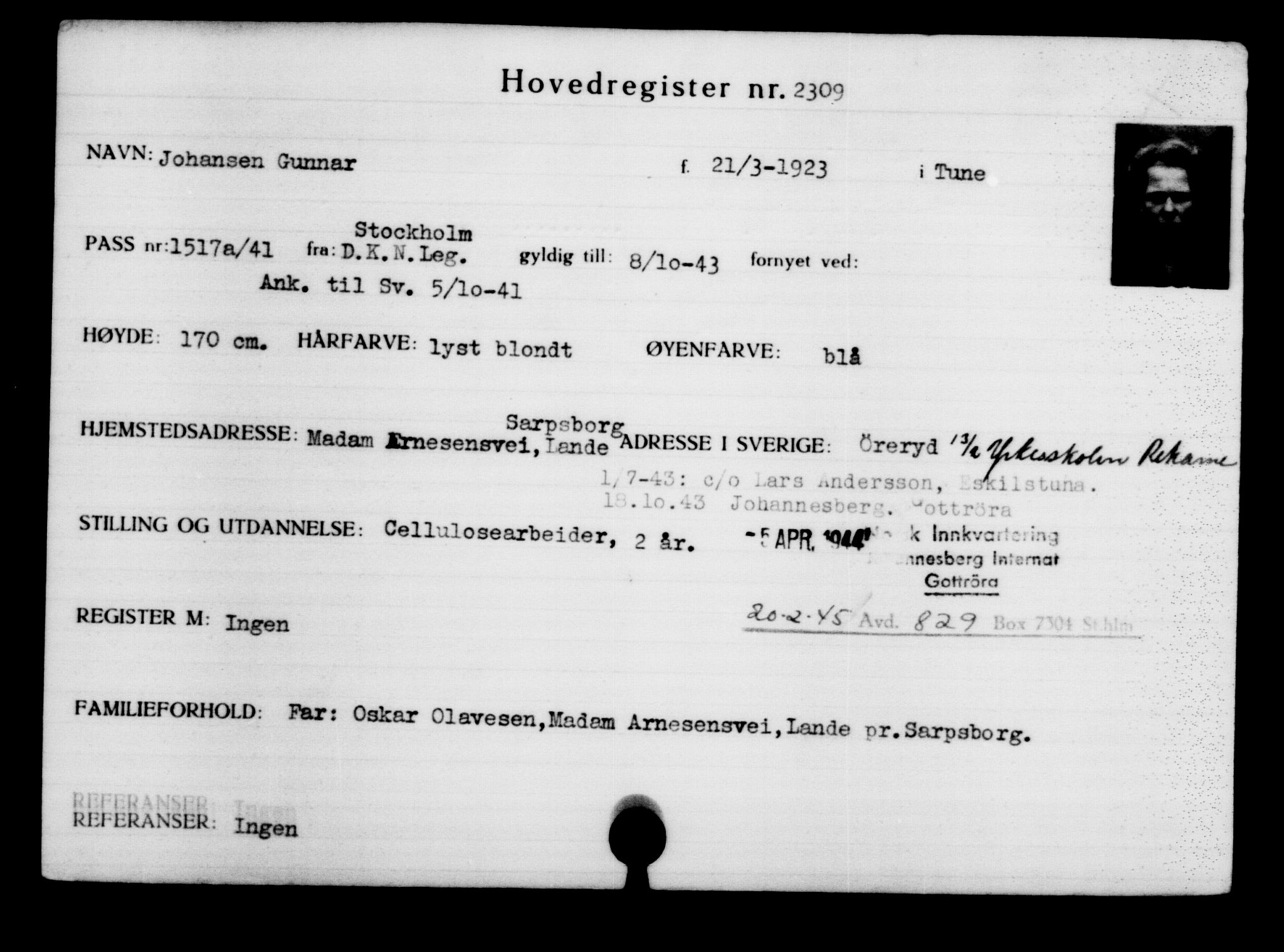 Utenriksstasjonene, Legasjonen i Stockholm, Flyktningkontoret, AV/RA-S-6753/V/Va/L0003: Kjesäterkartoteket, flyktninger med registreringsnr. 2001-3495, 1940-1945, p. 437