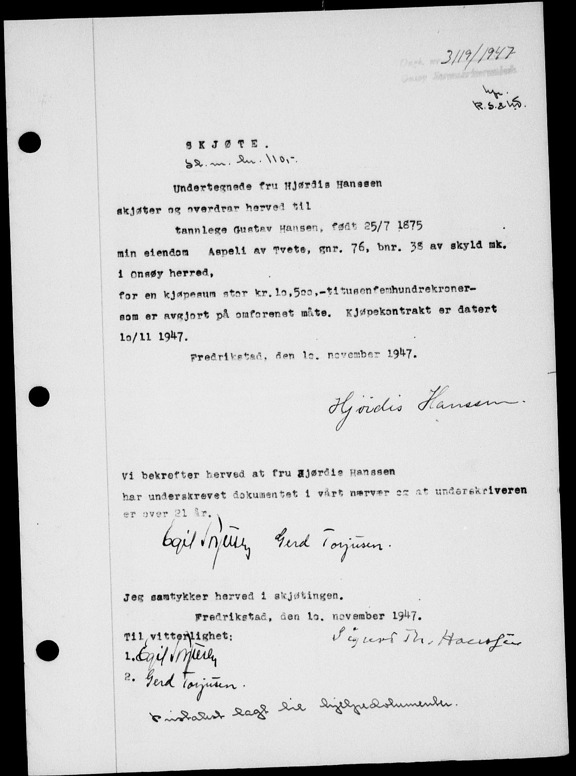 Onsøy sorenskriveri, SAO/A-10474/G/Ga/Gab/L0021: Mortgage book no. II A-21, 1947-1947, Diary no: : 3119/1947