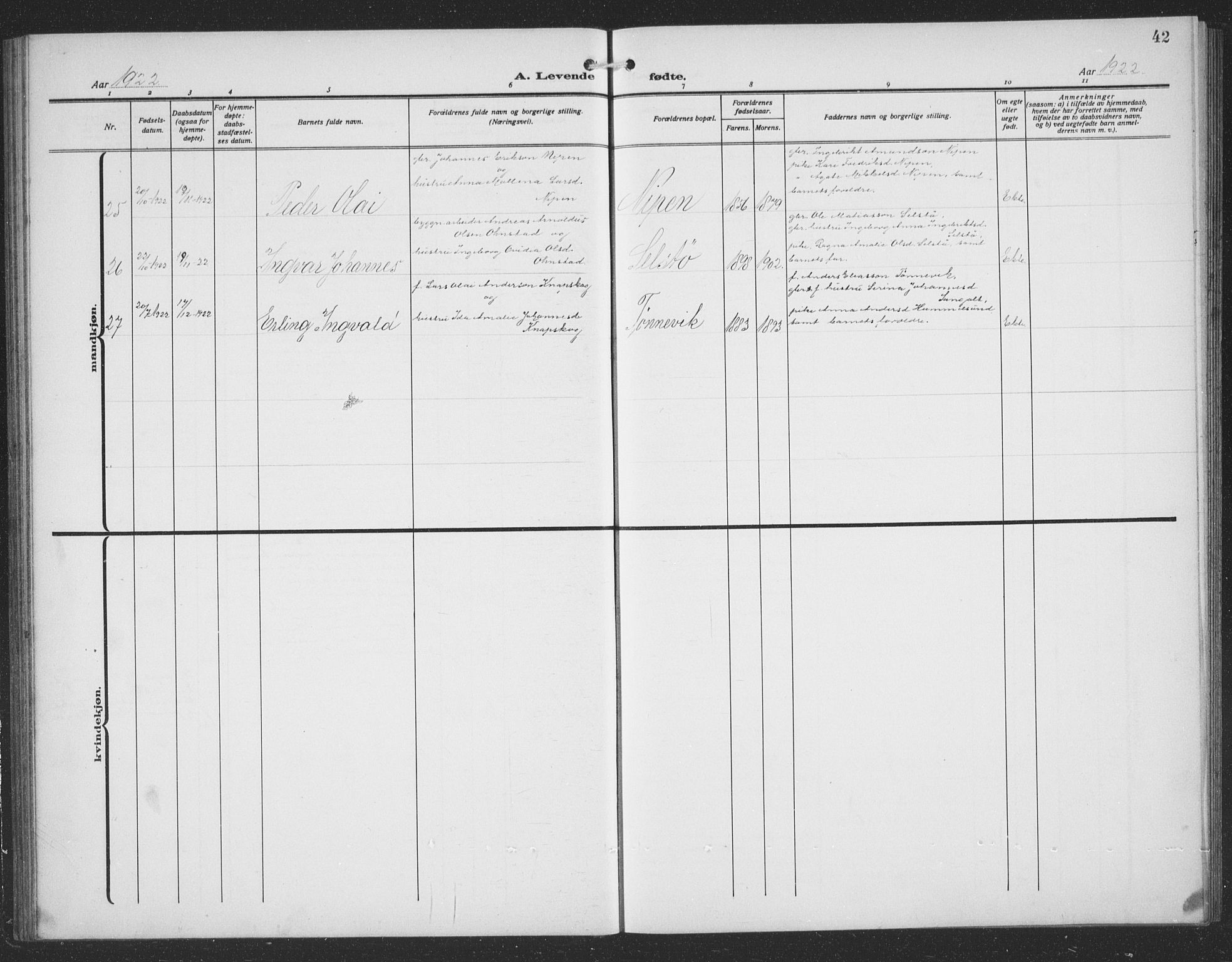 Sund sokneprestembete, AV/SAB-A-99930: Parish register (copy) no. C 1, 1913-1928, p. 42