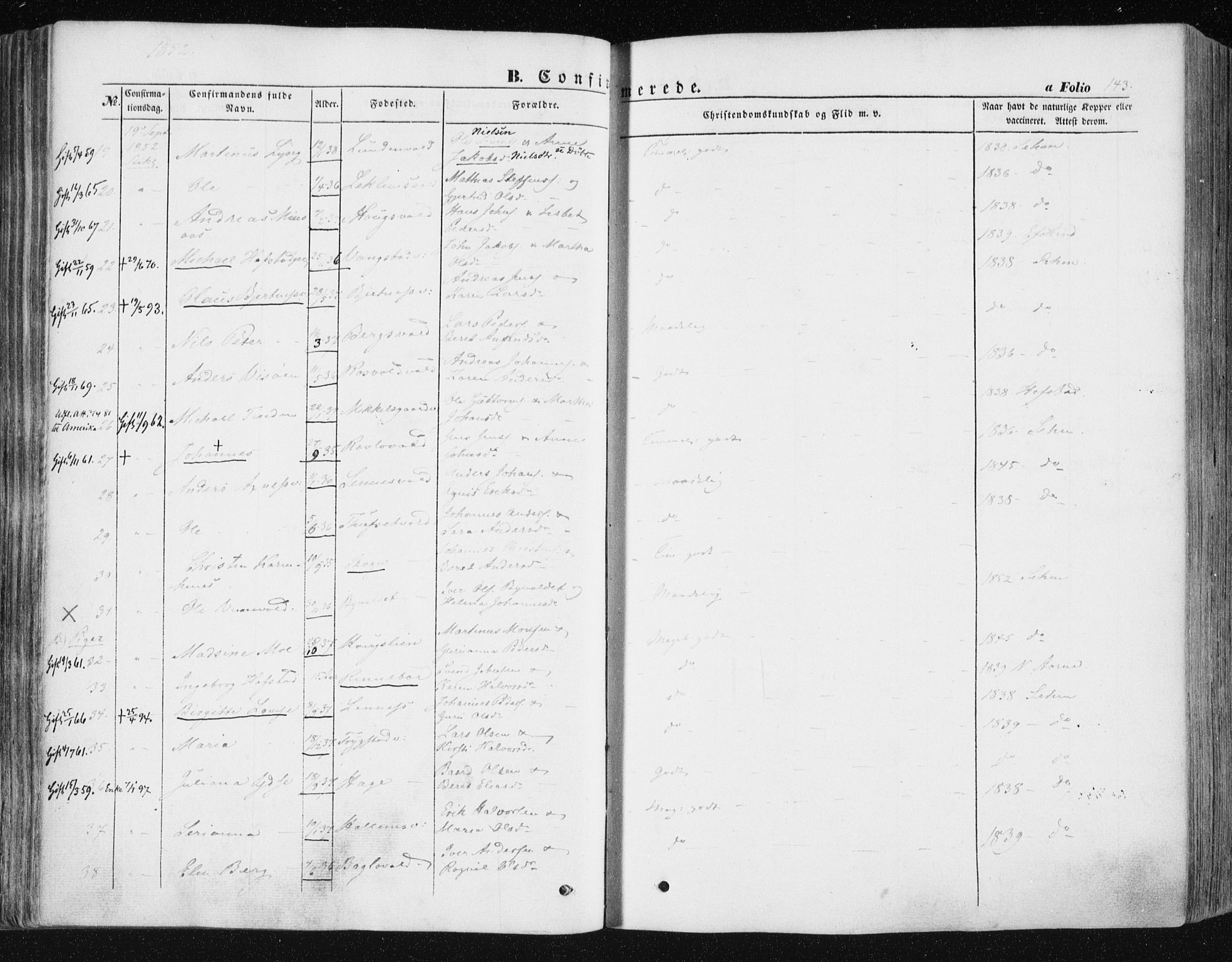 Ministerialprotokoller, klokkerbøker og fødselsregistre - Nord-Trøndelag, SAT/A-1458/723/L0240: Parish register (official) no. 723A09, 1852-1860, p. 143