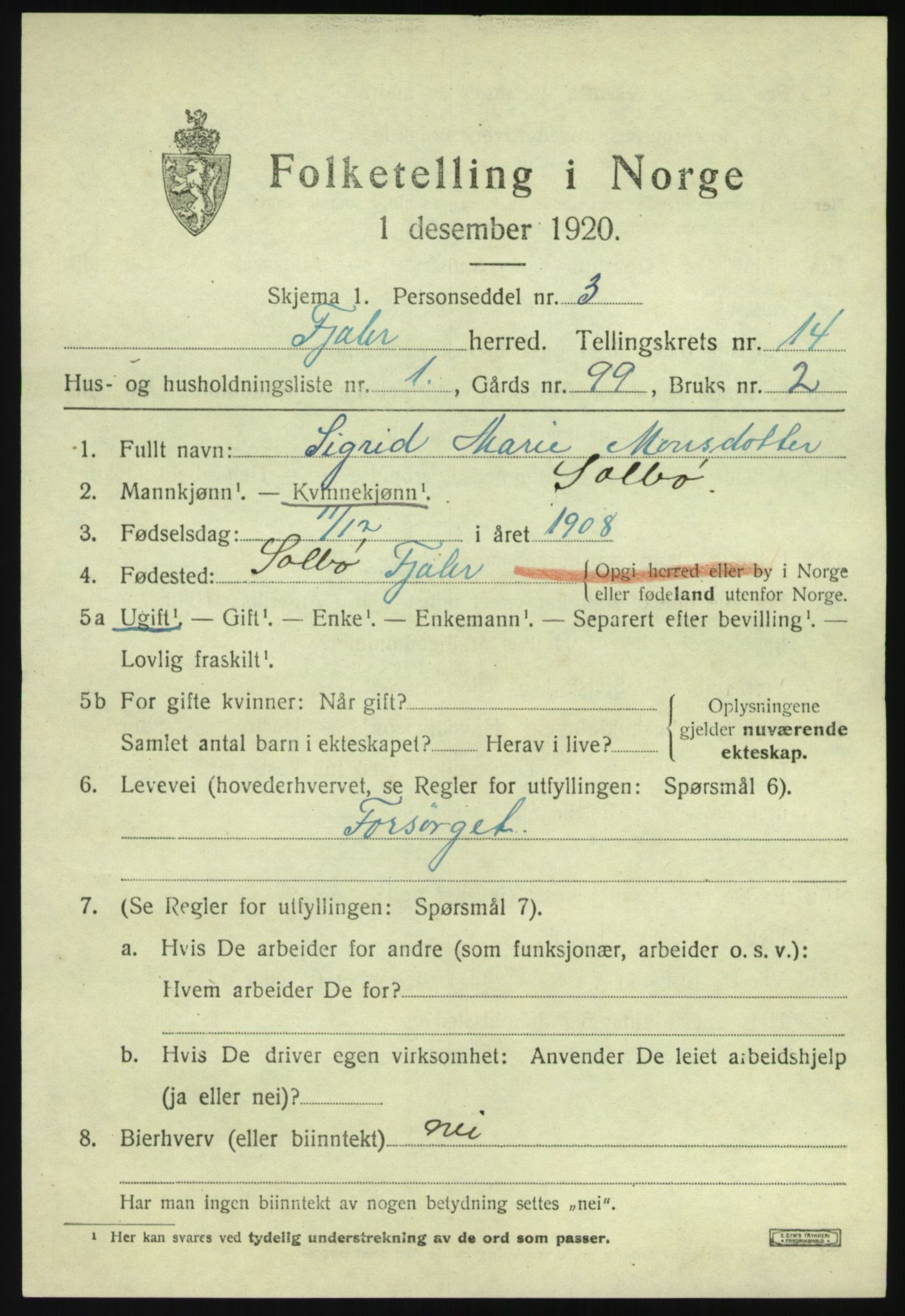 SAB, 1920 census for Fjaler, 1920, p. 7821