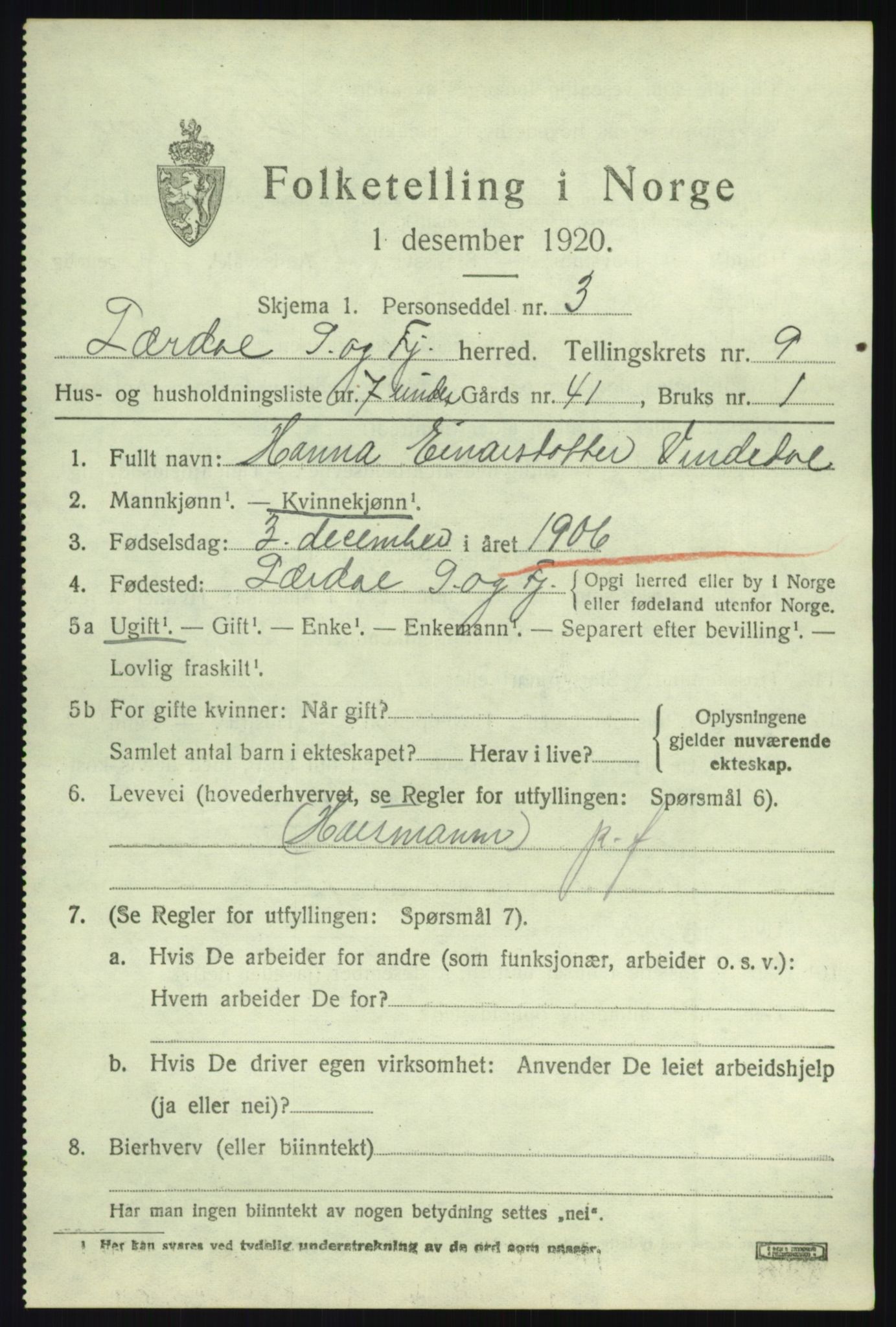 SAB, 1920 census for Lærdal, 1920, p. 4338