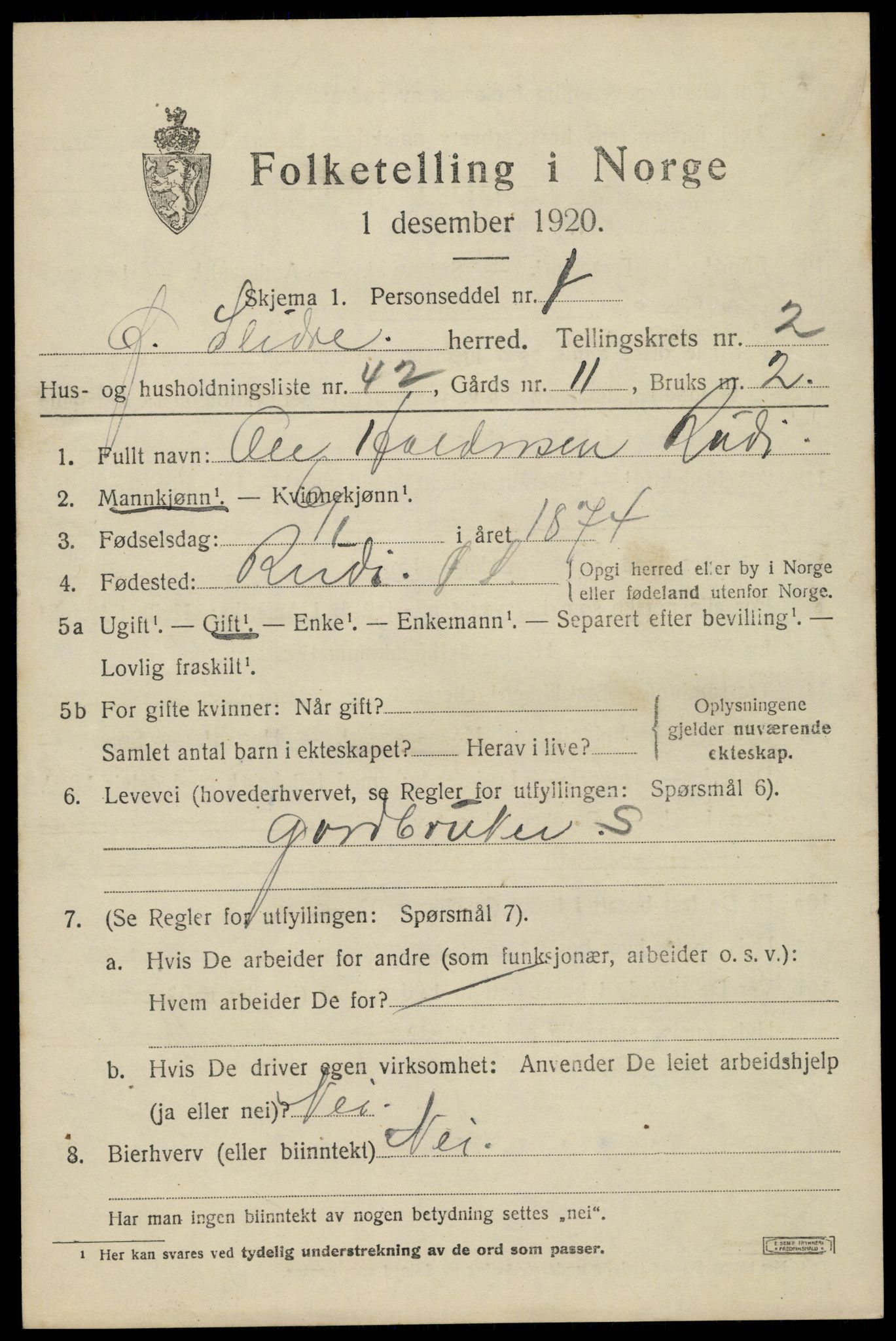 SAH, 1920 census for Øystre Slidre, 1920, p. 1895