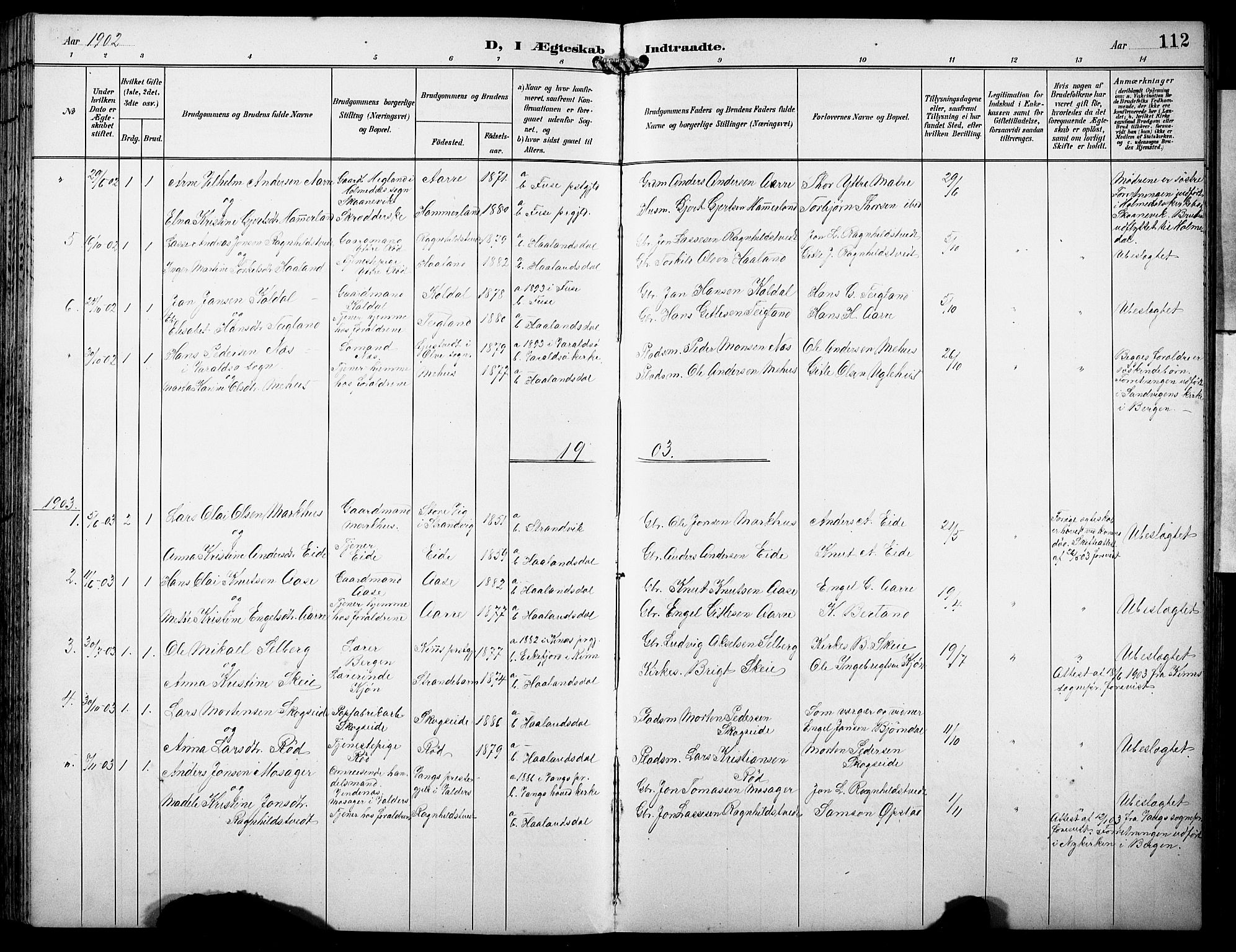 Fusa sokneprestembete, SAB/A-75401/H/Hab: Parish register (copy) no. B 2, 1897-1930, p. 112