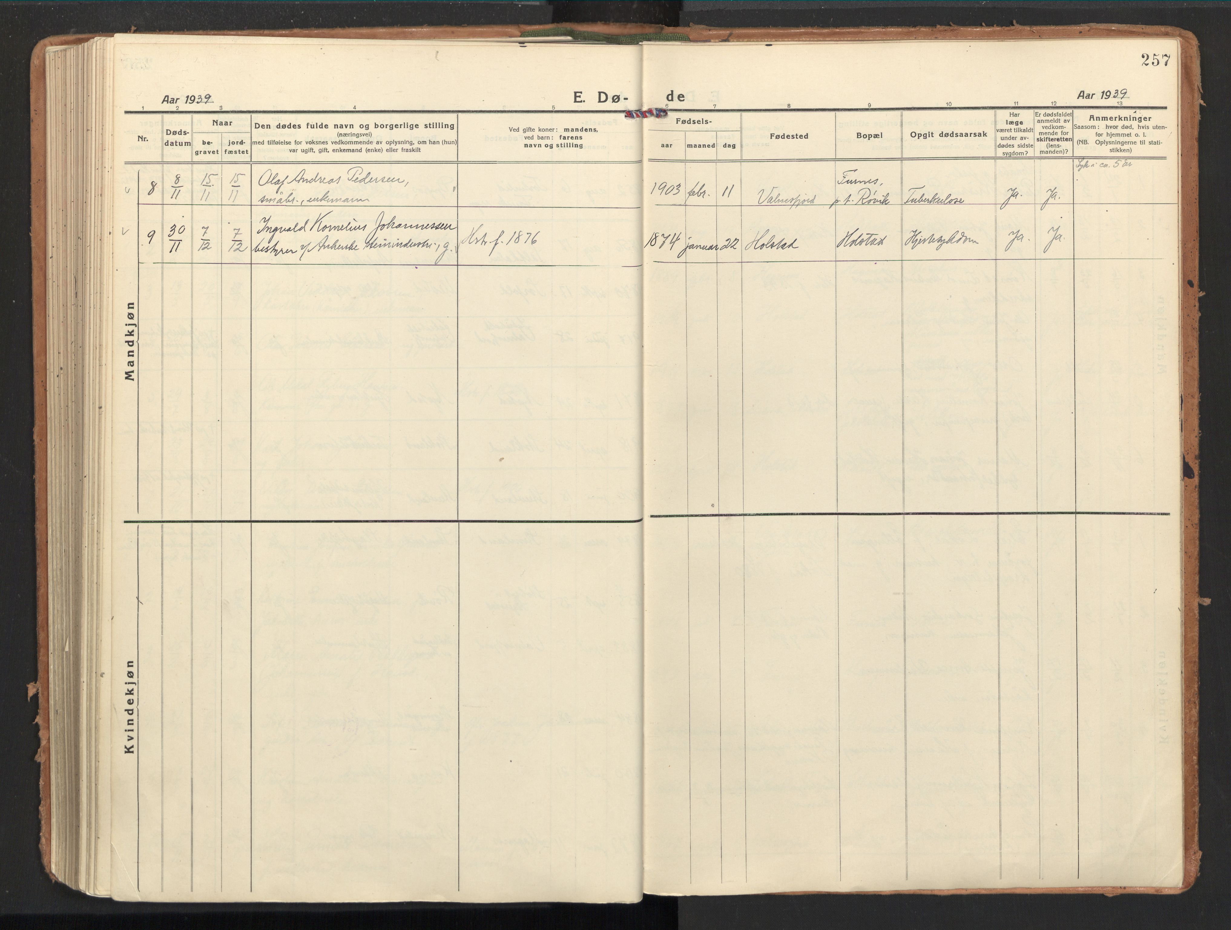 Ministerialprotokoller, klokkerbøker og fødselsregistre - Nordland, AV/SAT-A-1459/851/L0725: Parish register (official) no. 851A02, 1922-1944, p. 257