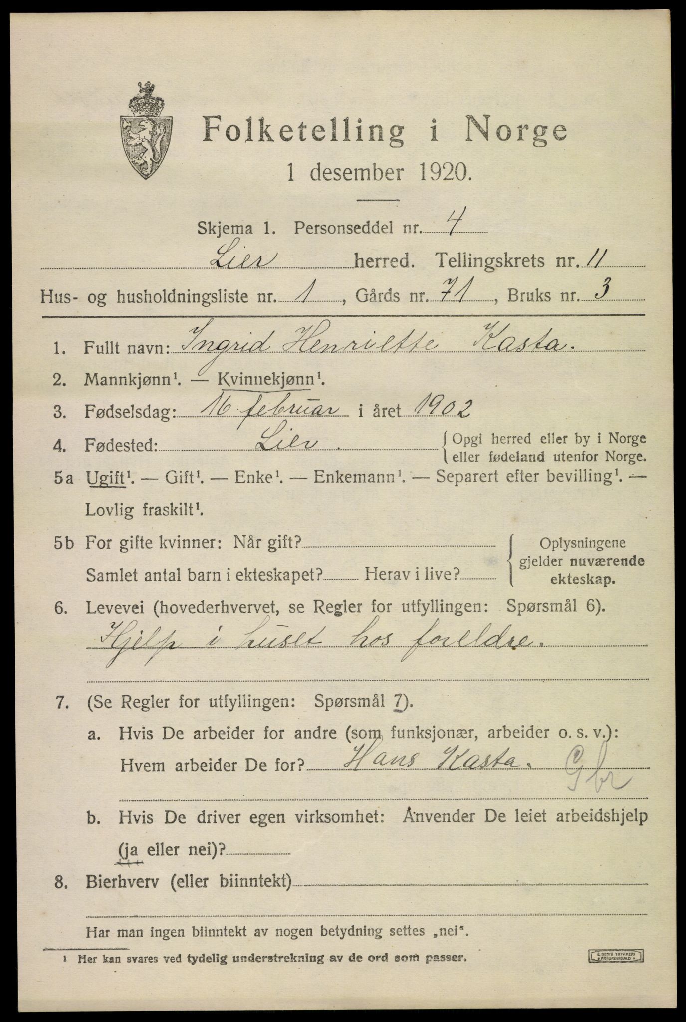 SAKO, 1920 census for Lier, 1920, p. 17264