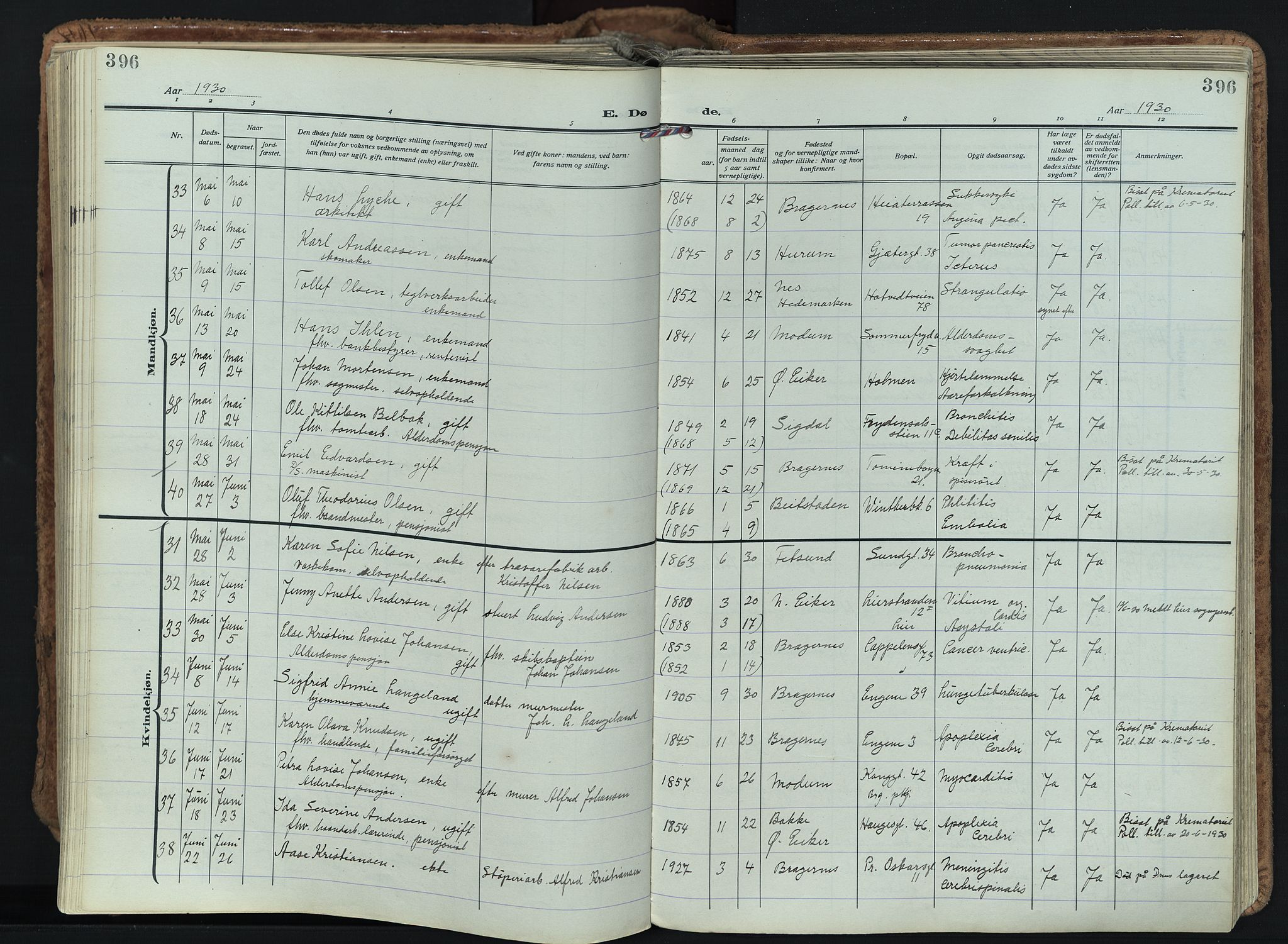 Bragernes kirkebøker, SAKO/A-6/F/Fb/L0011: Parish register (official) no. II 11, 1922-1945, p. 396