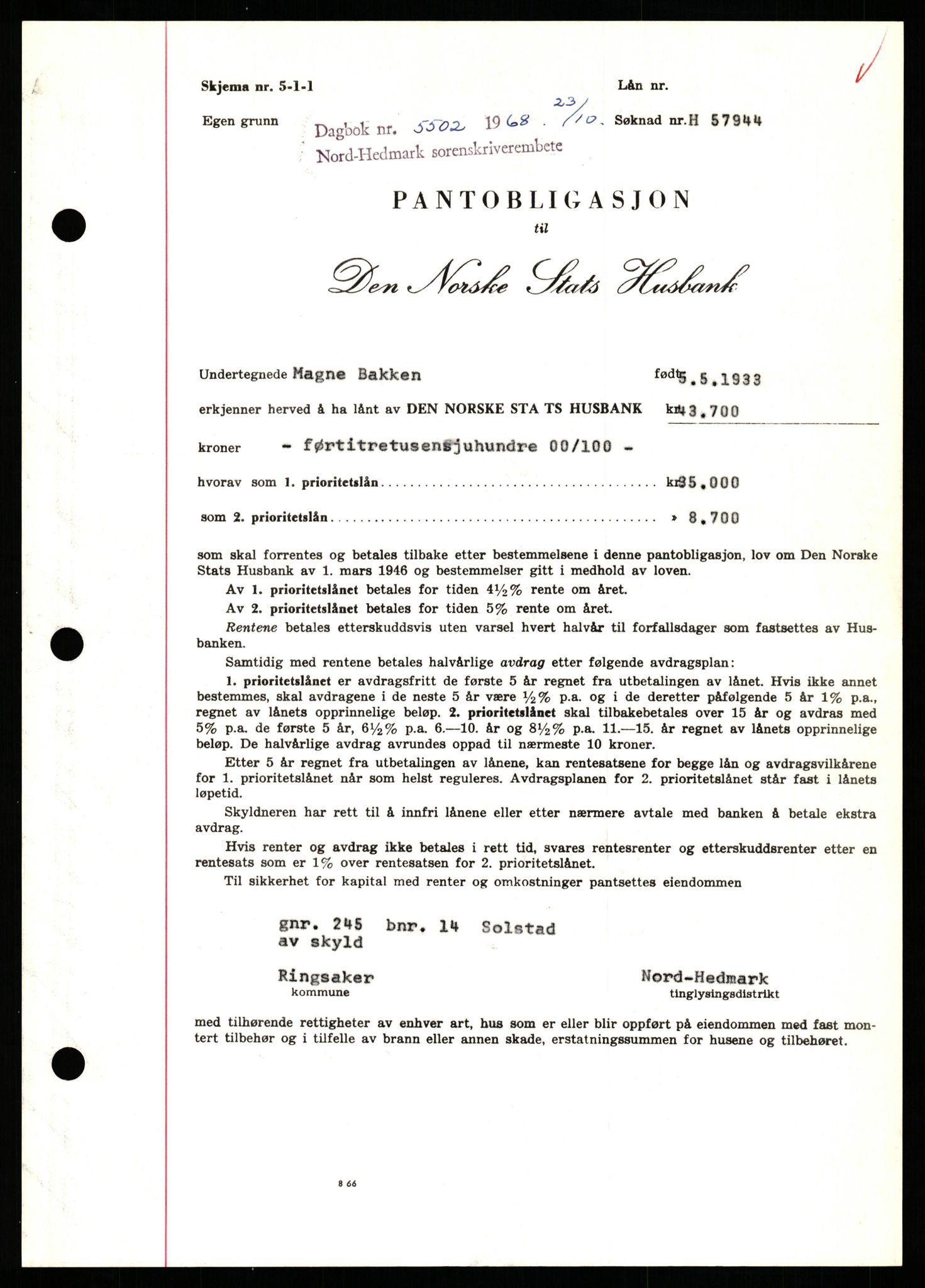 Nord-Hedmark sorenskriveri, SAH/TING-012/H/Hb/Hbf/L0077: Mortgage book no. B77, 1968-1969, Diary no: : 5502/1968