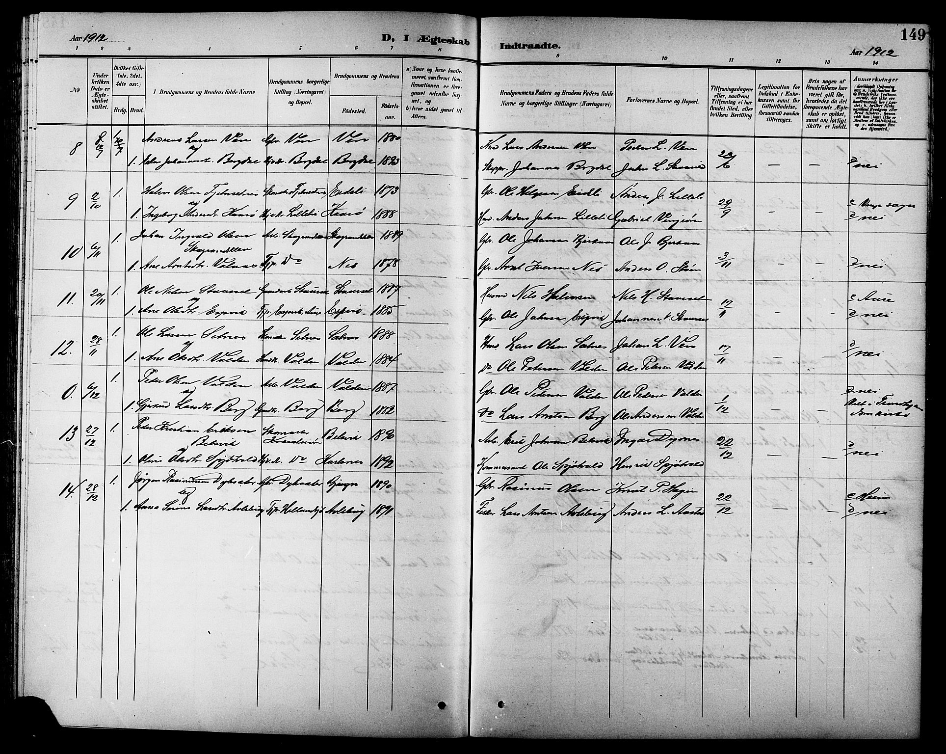 Ministerialprotokoller, klokkerbøker og fødselsregistre - Sør-Trøndelag, SAT/A-1456/630/L0505: Parish register (copy) no. 630C03, 1899-1914, p. 149
