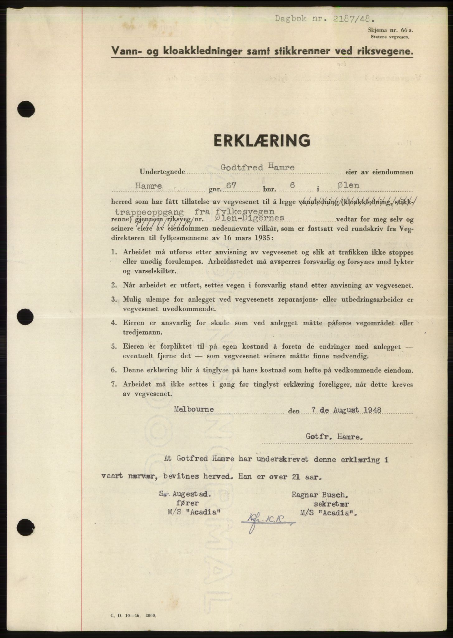 Sunnhordland sorenskrivar, AV/SAB-A-2401: Mortgage book no. B75-79, 1948-1950, Diary no: : 2187/1948