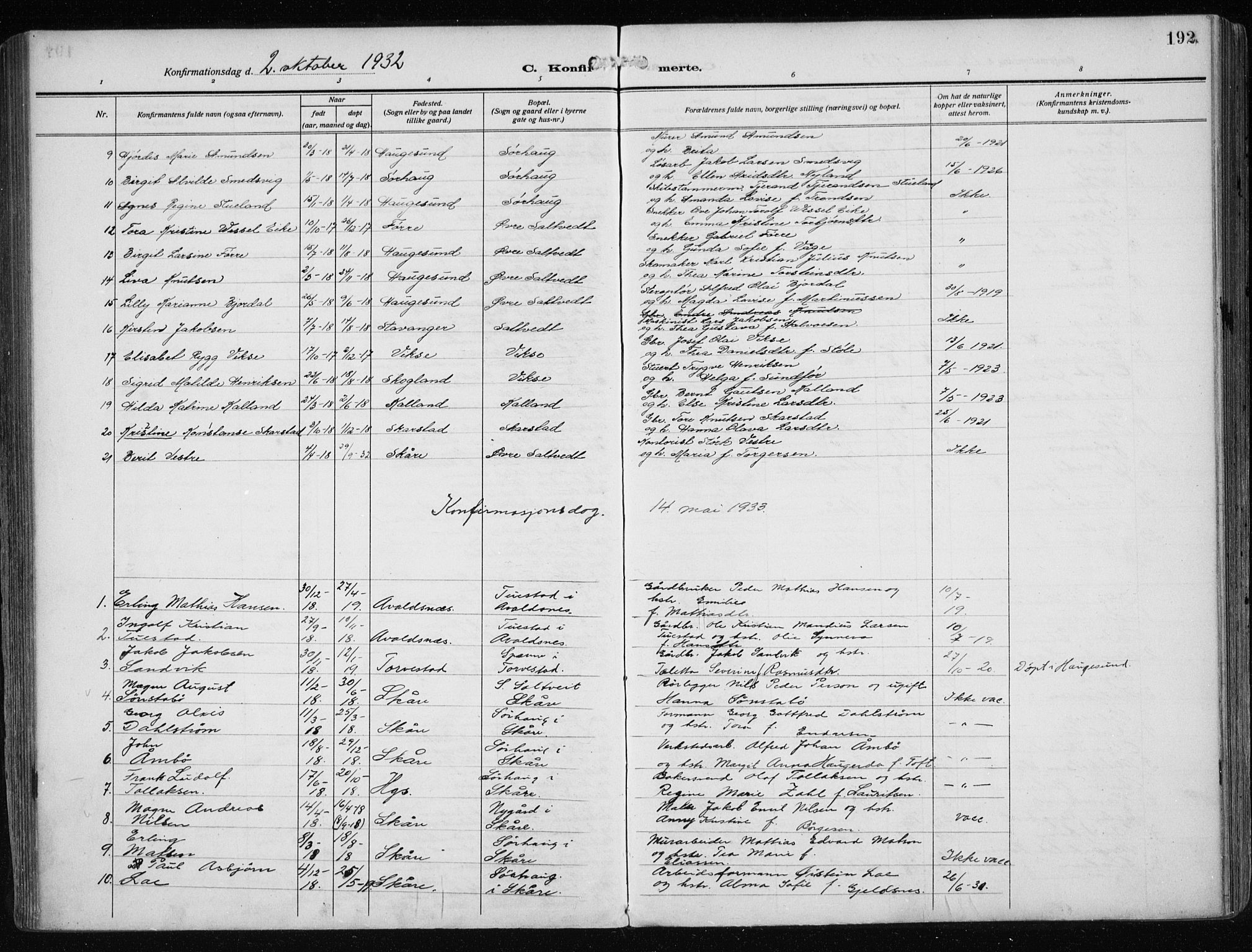 Haugesund sokneprestkontor, AV/SAST-A -101863/H/Ha/Haa/L0010: Parish register (official) no. A 10, 1909-1935, p. 192