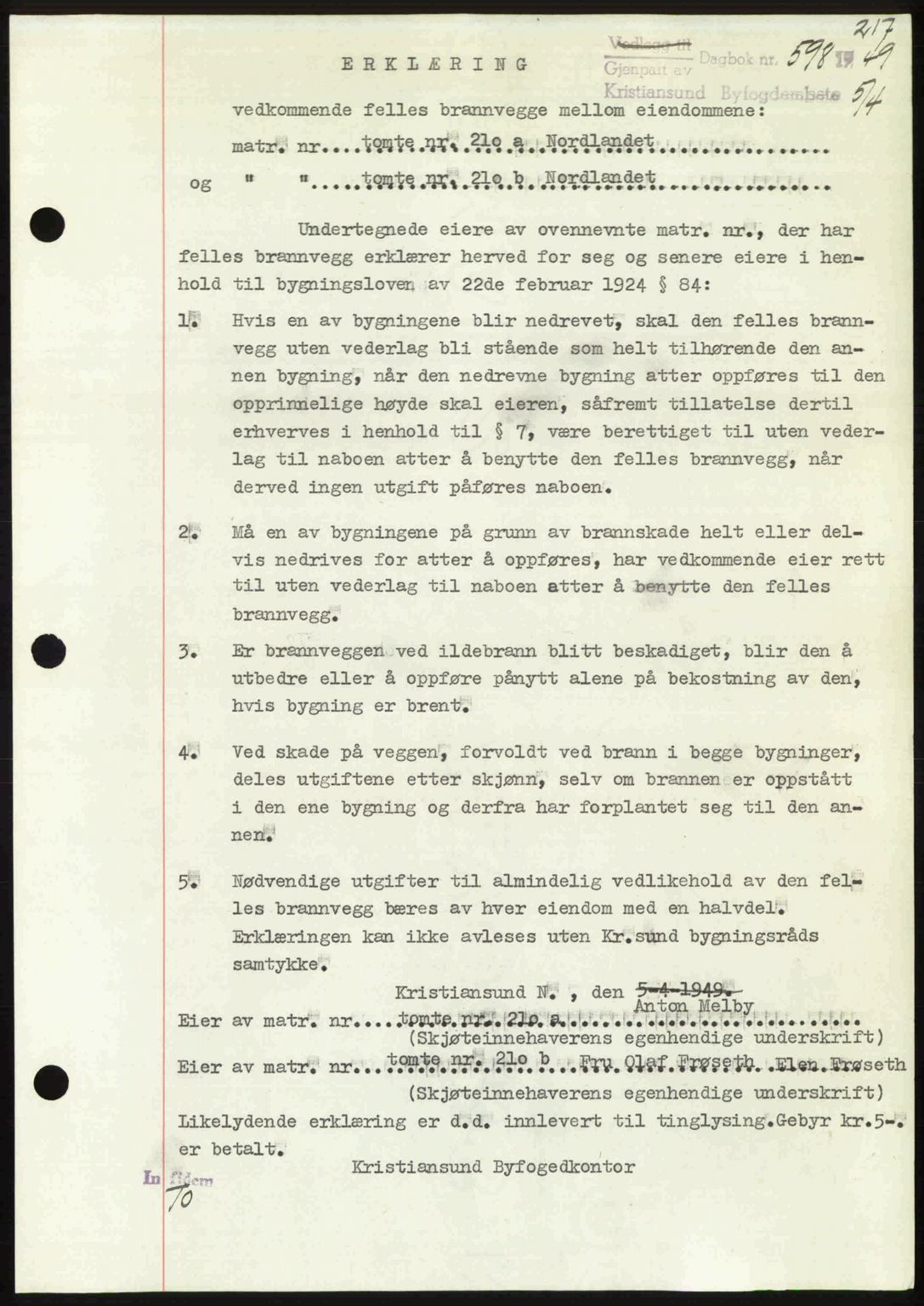 Kristiansund byfogd, AV/SAT-A-4587/A/27: Mortgage book no. 45, 1948-1949, Diary no: : 598/1949