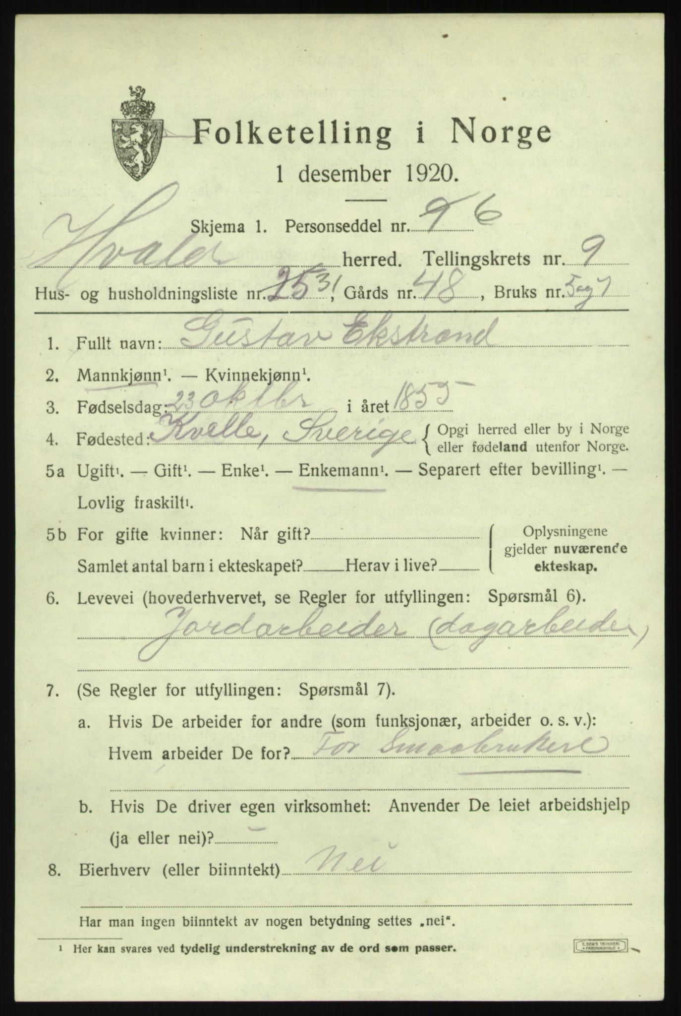 SAO, 1920 census for Hvaler, 1920, p. 8916