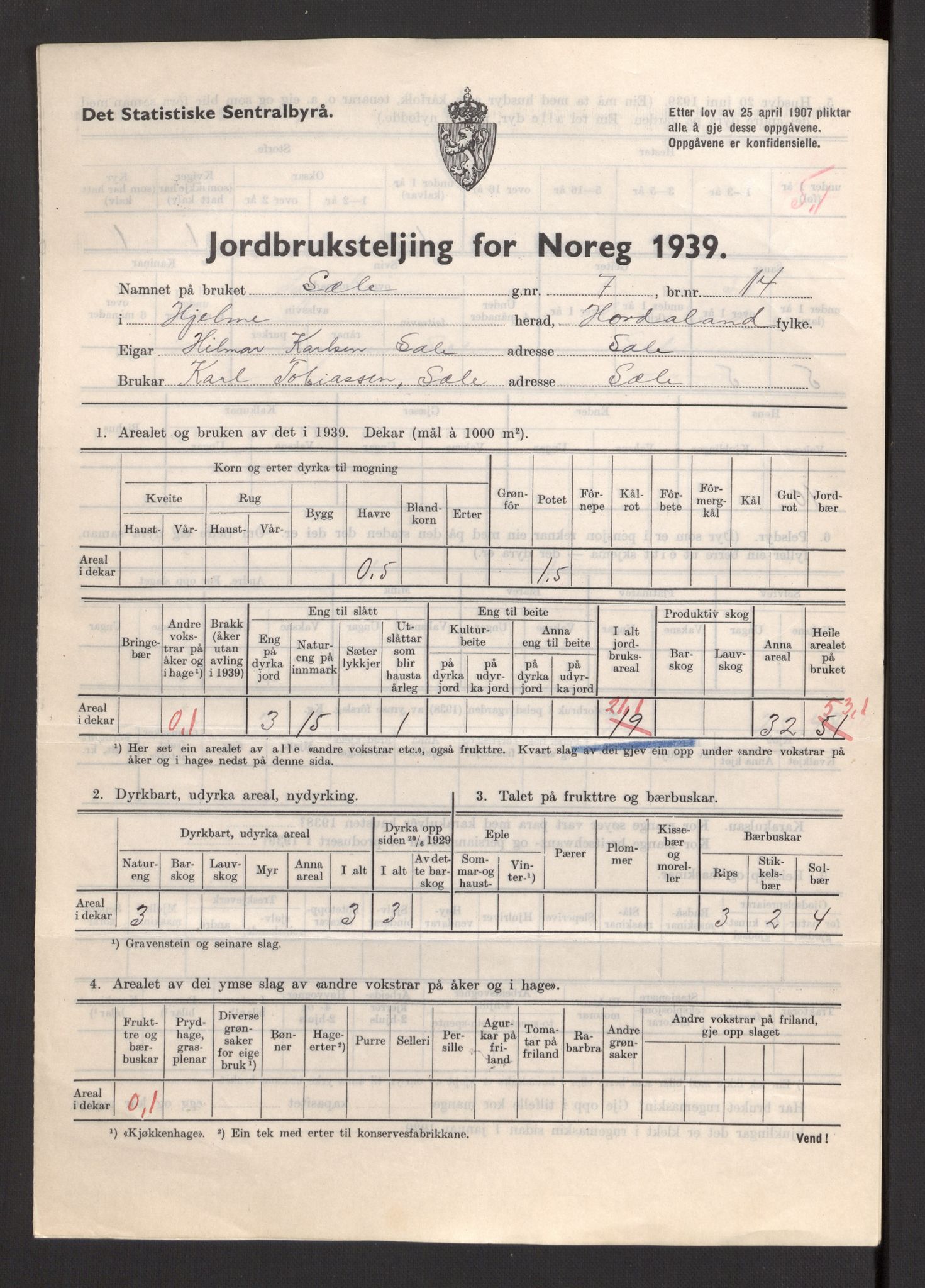 Statistisk sentralbyrå, Næringsøkonomiske emner, Jordbruk, skogbruk, jakt, fiske og fangst, AV/RA-S-2234/G/Gb/L0211: Hordaland: Herdla, Hjelme og Manger, 1939, p. 1383