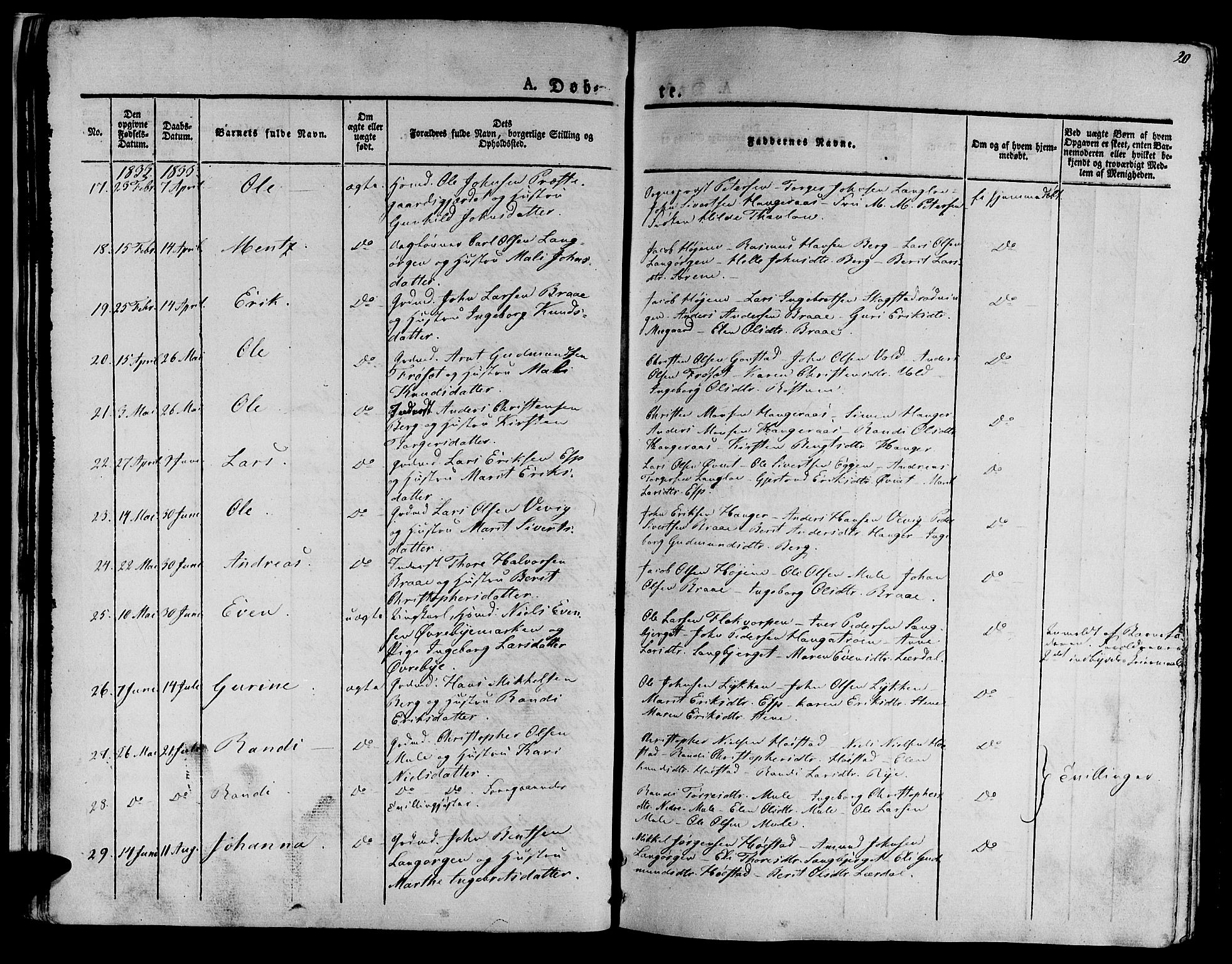 Ministerialprotokoller, klokkerbøker og fødselsregistre - Sør-Trøndelag, AV/SAT-A-1456/612/L0374: Parish register (official) no. 612A07 /1, 1829-1845, p. 20