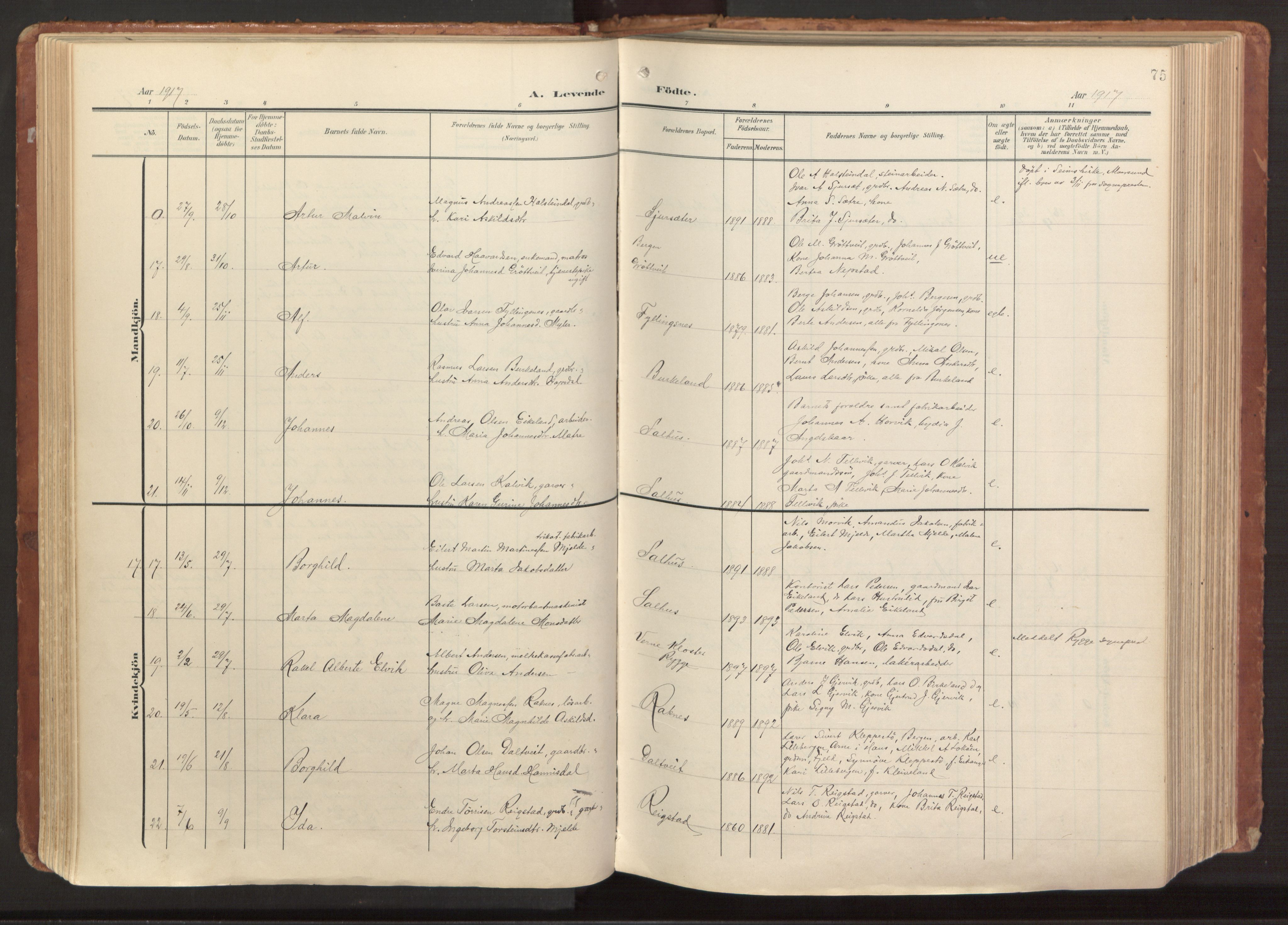 Hamre sokneprestembete, AV/SAB-A-75501/H/Ha/Haa/Haab/L0002: Parish register (official) no. B 2, 1905-1924, p. 75