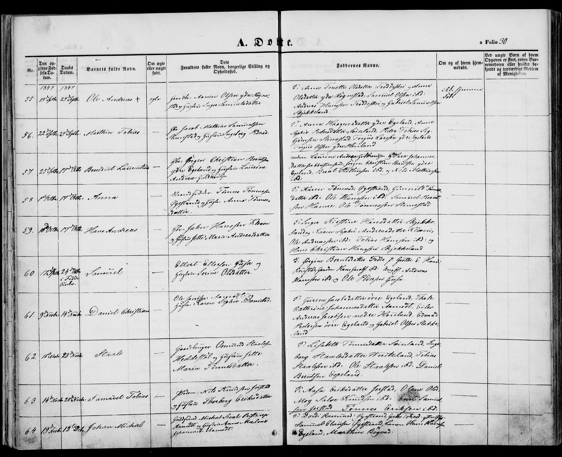 Kvinesdal sokneprestkontor, AV/SAK-1111-0026/F/Fa/Fab/L0005: Parish register (official) no. A 5, 1844-1857, p. 30