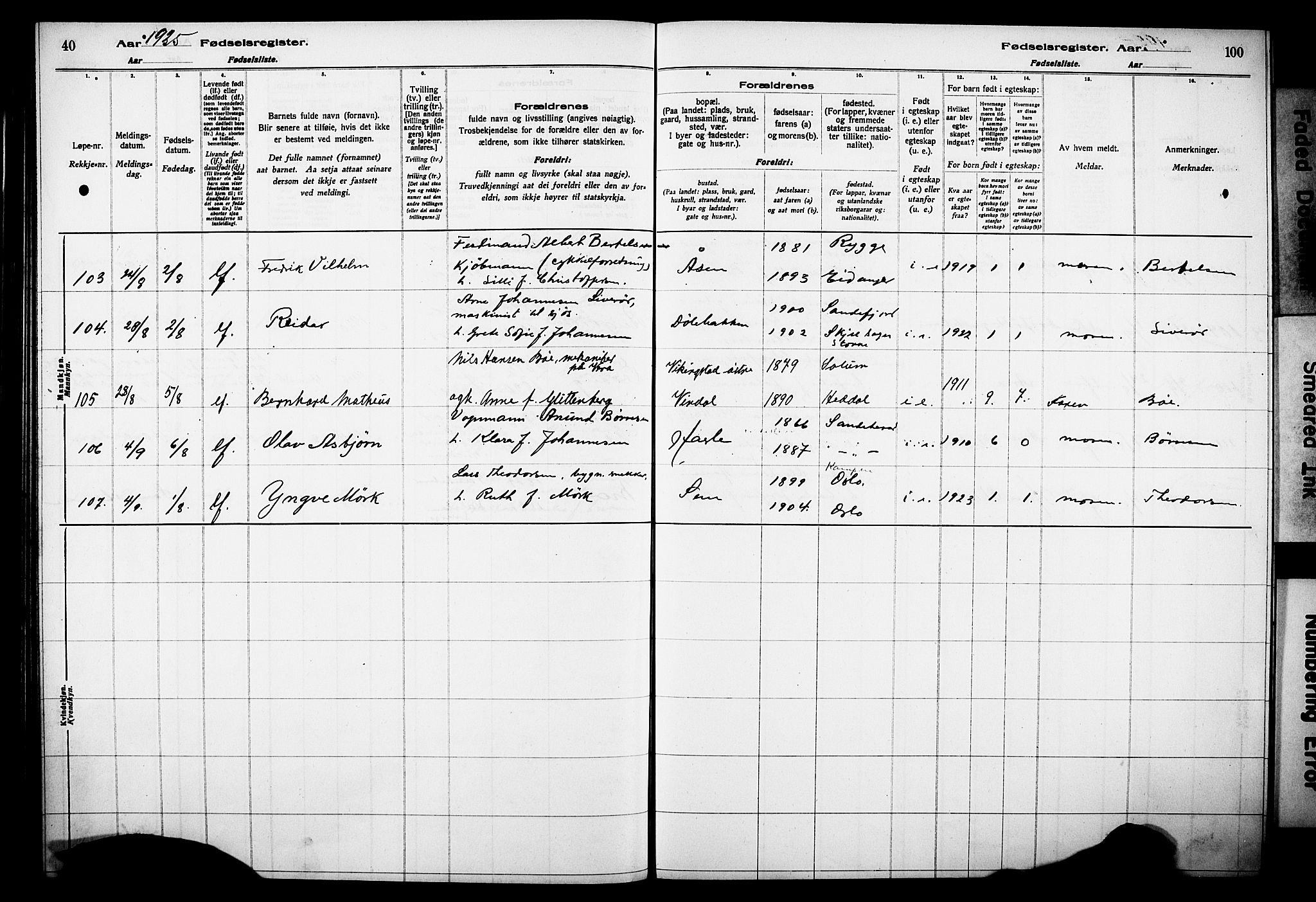 Sandar kirkebøker, AV/SAKO-A-243/J/Ja/L0002: Birth register no. 2, 1922-1929, p. 40