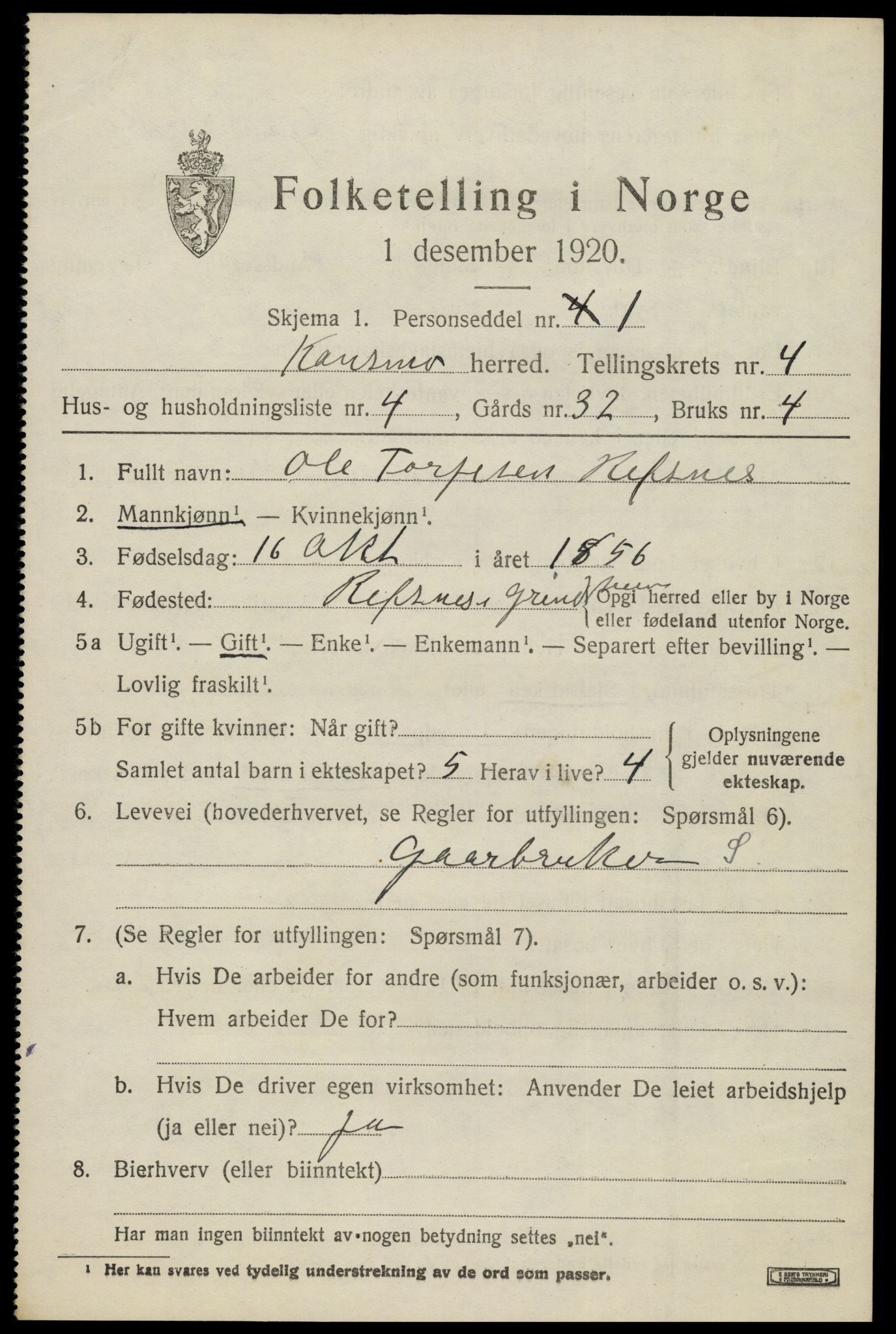 SAK, 1920 census for Konsmo, 1920, p. 1222
