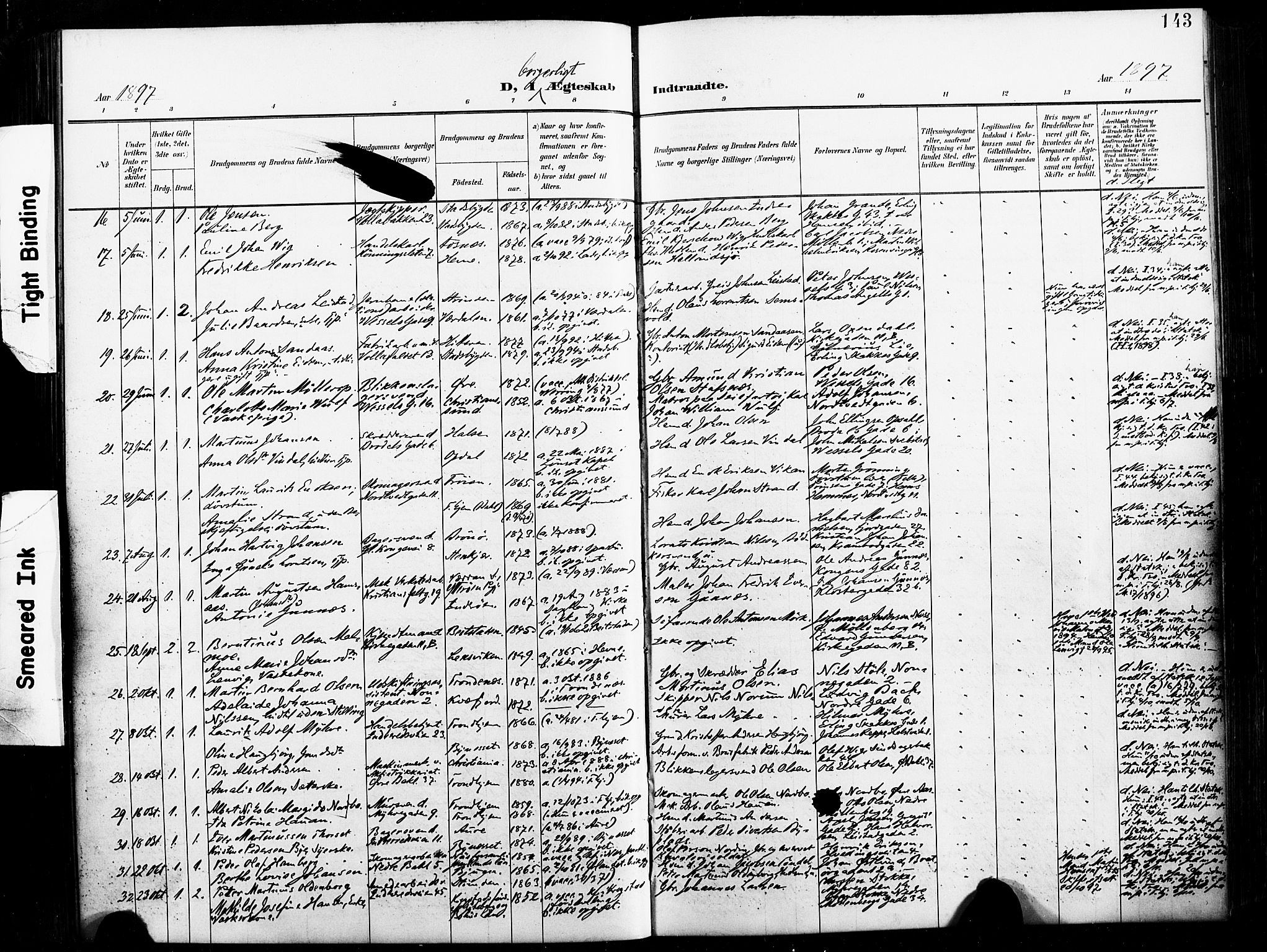 Ministerialprotokoller, klokkerbøker og fødselsregistre - Sør-Trøndelag, SAT/A-1456/604/L0198: Parish register (official) no. 604A19, 1893-1900, p. 143