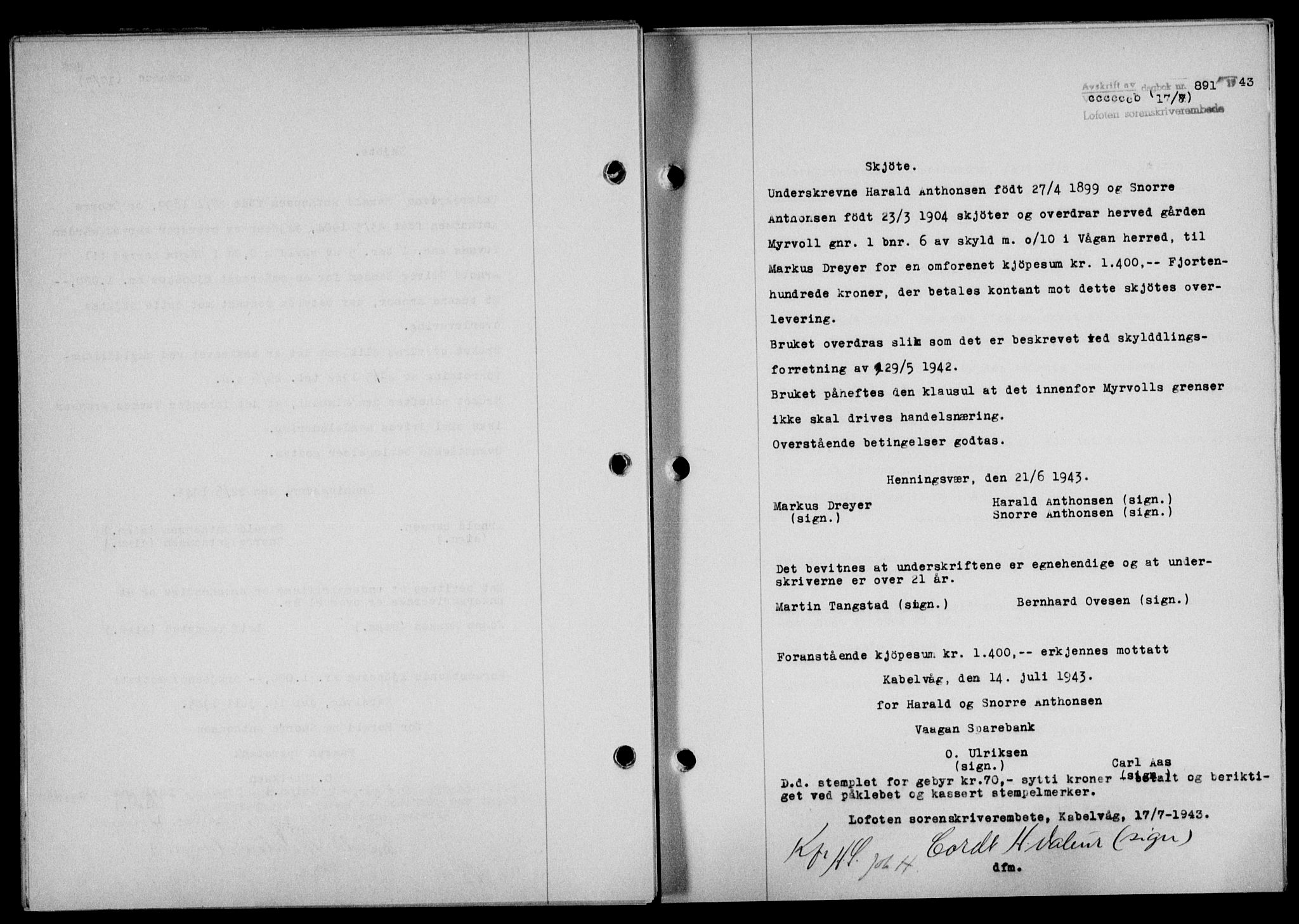 Lofoten sorenskriveri, SAT/A-0017/1/2/2C/L0011a: Mortgage book no. 11a, 1943-1943, Diary no: : 891/1943