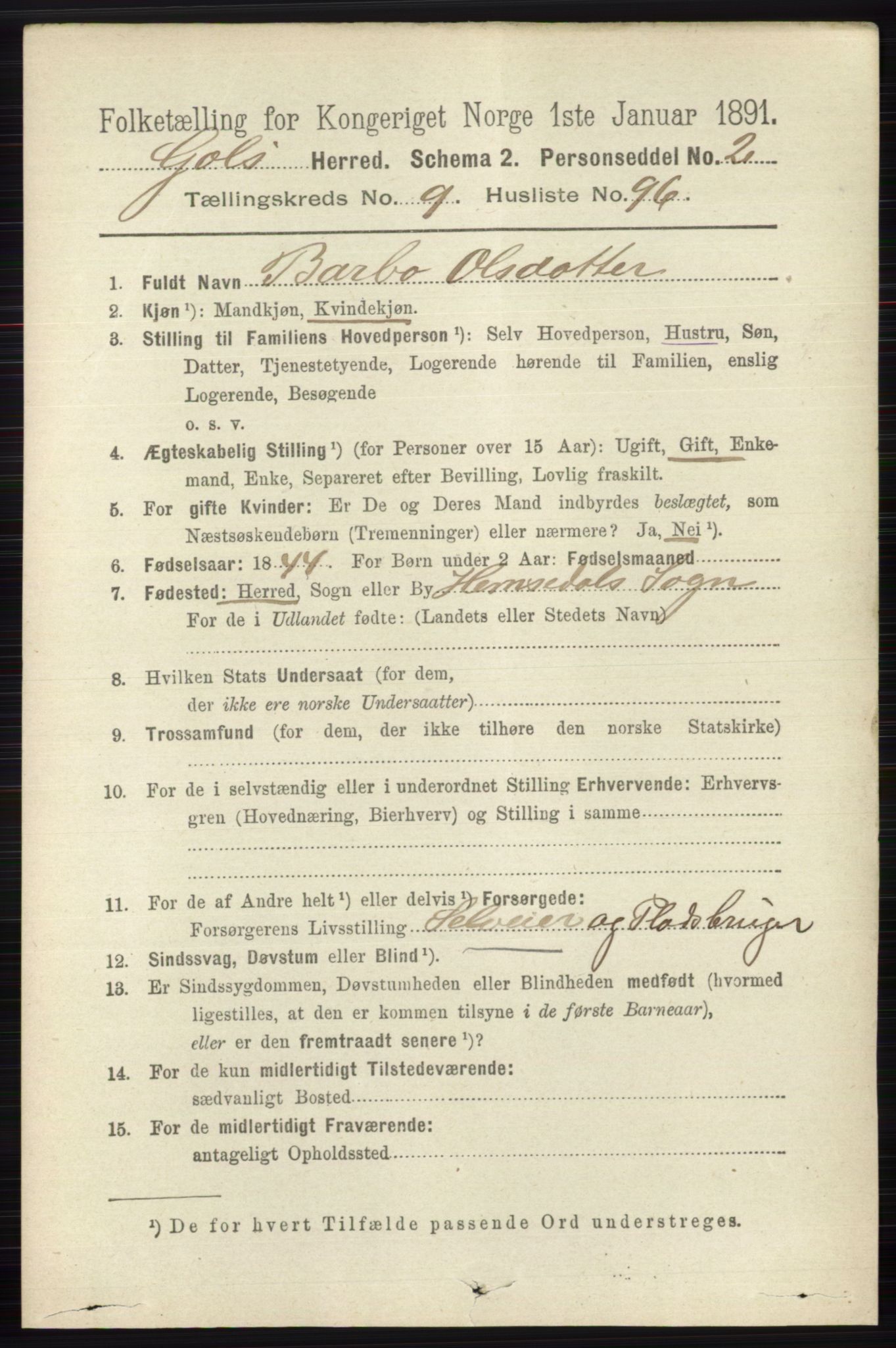 RA, 1891 census for 0617 Gol og Hemsedal, 1891, p. 3974