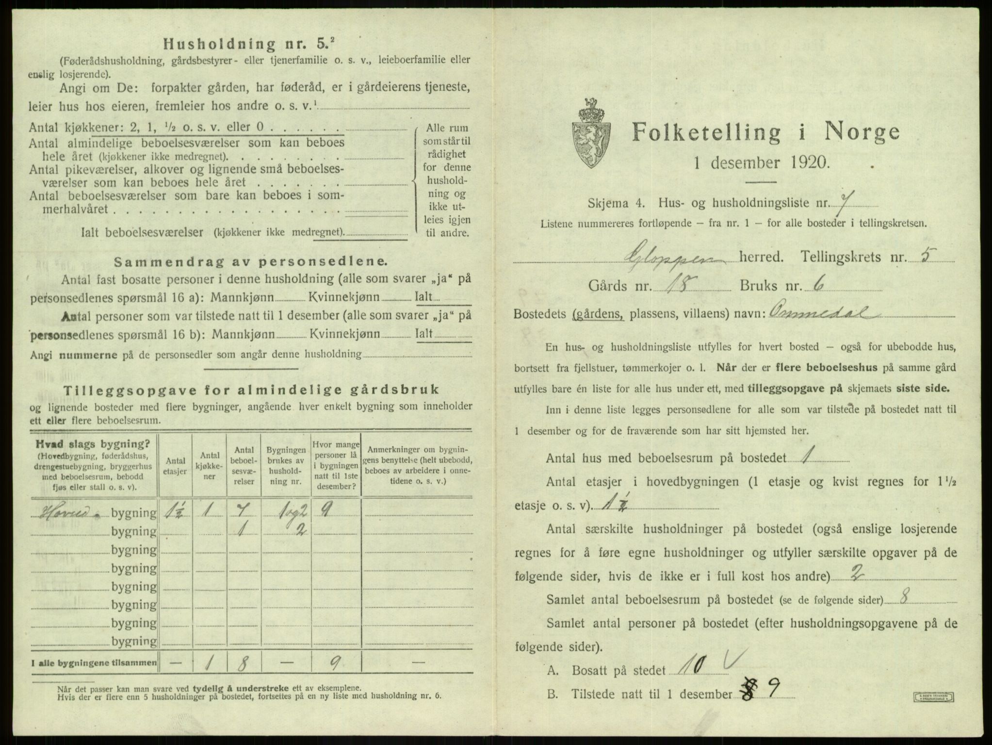 SAB, 1920 census for Gloppen, 1920, p. 405