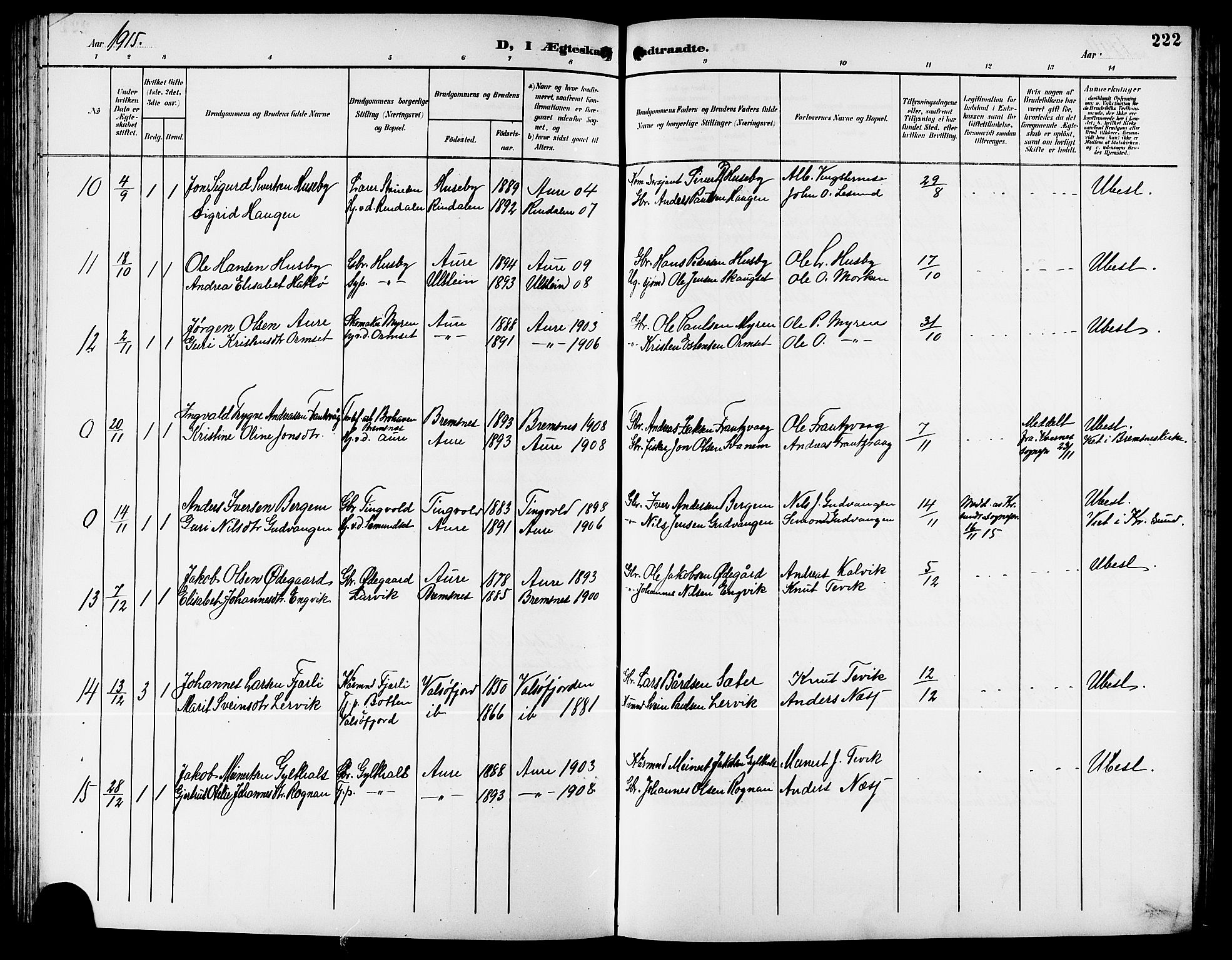 Ministerialprotokoller, klokkerbøker og fødselsregistre - Møre og Romsdal, AV/SAT-A-1454/578/L0910: Parish register (copy) no. 578C03, 1900-1921, p. 222