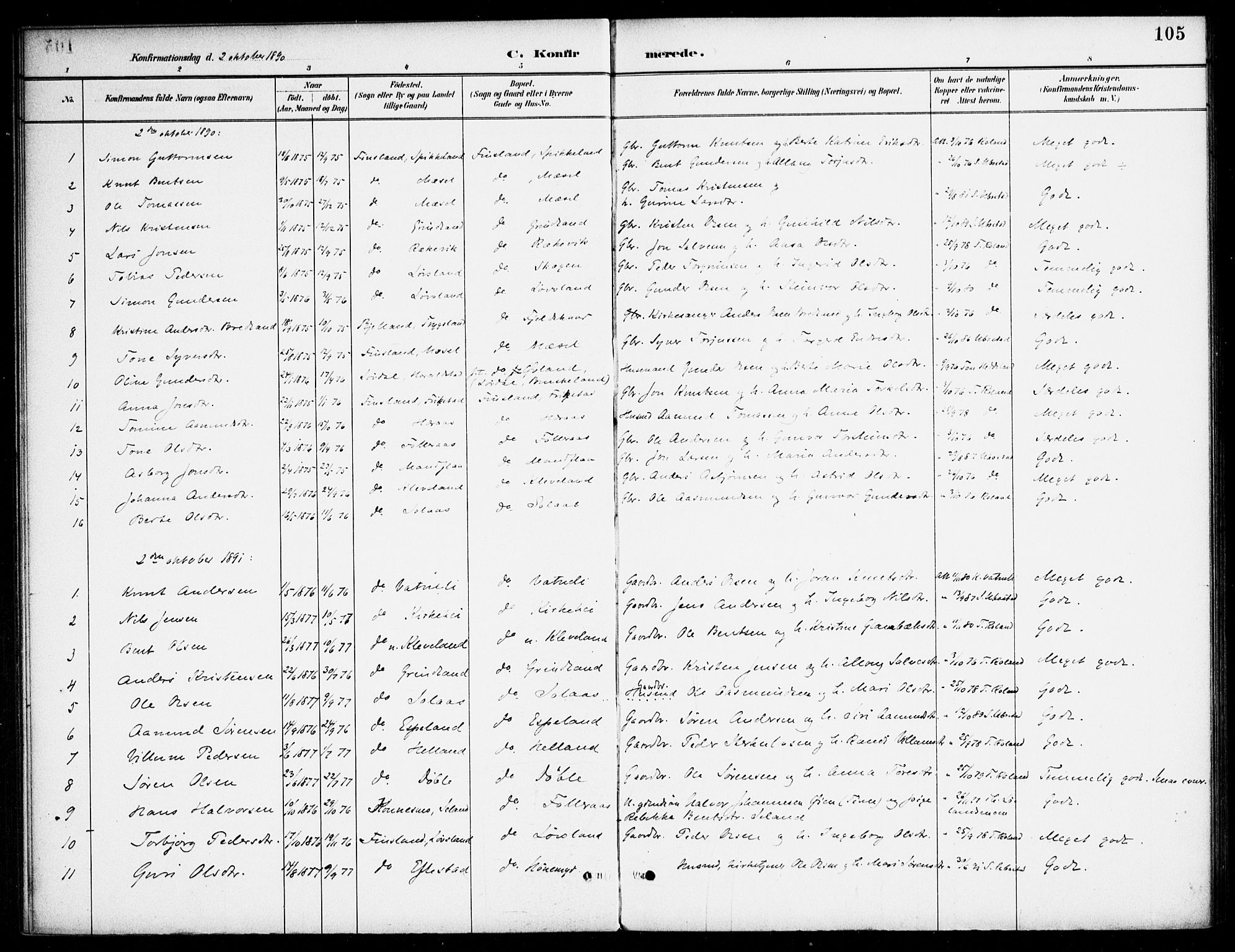 Bjelland sokneprestkontor, SAK/1111-0005/F/Fa/Fab/L0004: Parish register (official) no. A 4, 1887-1920, p. 105