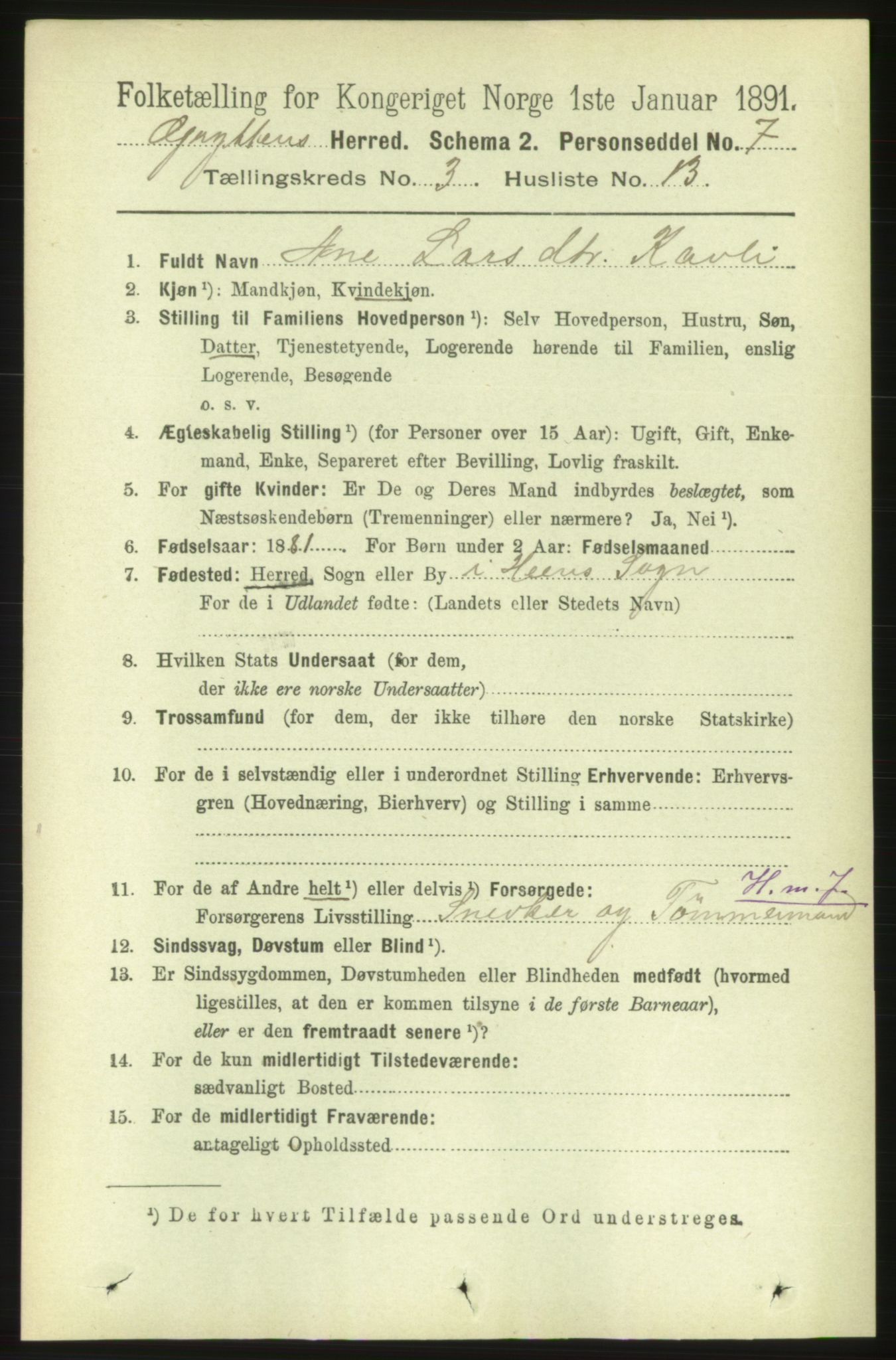 RA, 1891 census for 1539 Grytten, 1891, p. 1005