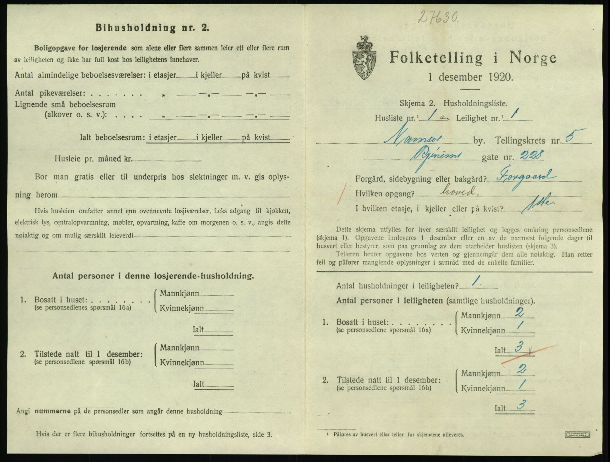 SAT, 1920 census for Namsos, 1920, p. 1595