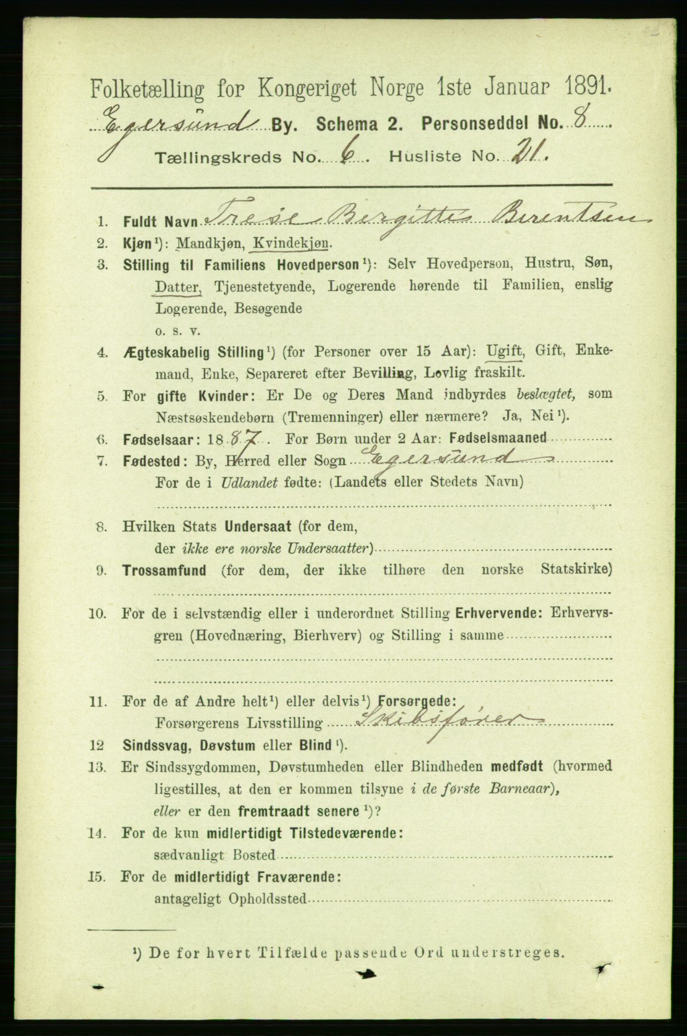 RA, 1891 census for 1101 Egersund, 1891, p. 1213