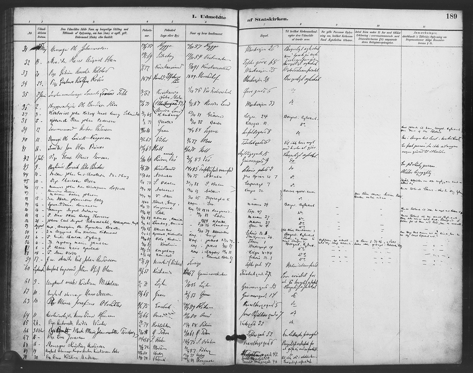 Paulus prestekontor Kirkebøker, AV/SAO-A-10871/F/Fa/L0006: Parish register (official) no. 6, 1889-1896, p. 189