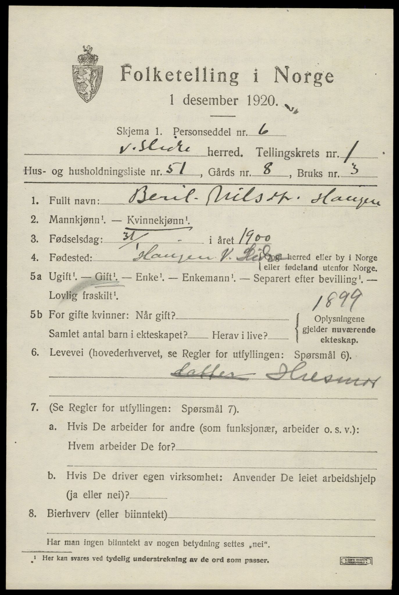 SAH, 1920 census for Vestre Slidre, 1920, p. 1548