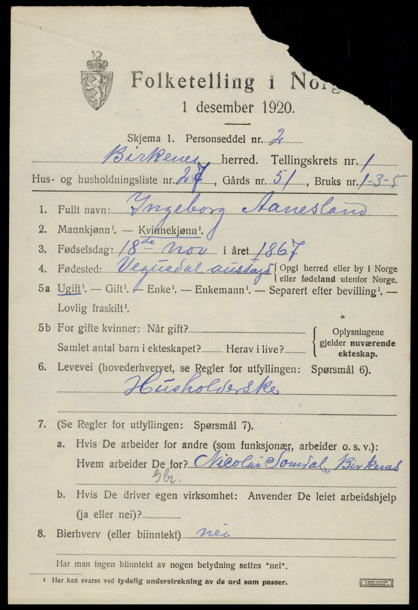 SAK, 1920 census for Birkenes, 1920, p. 1057