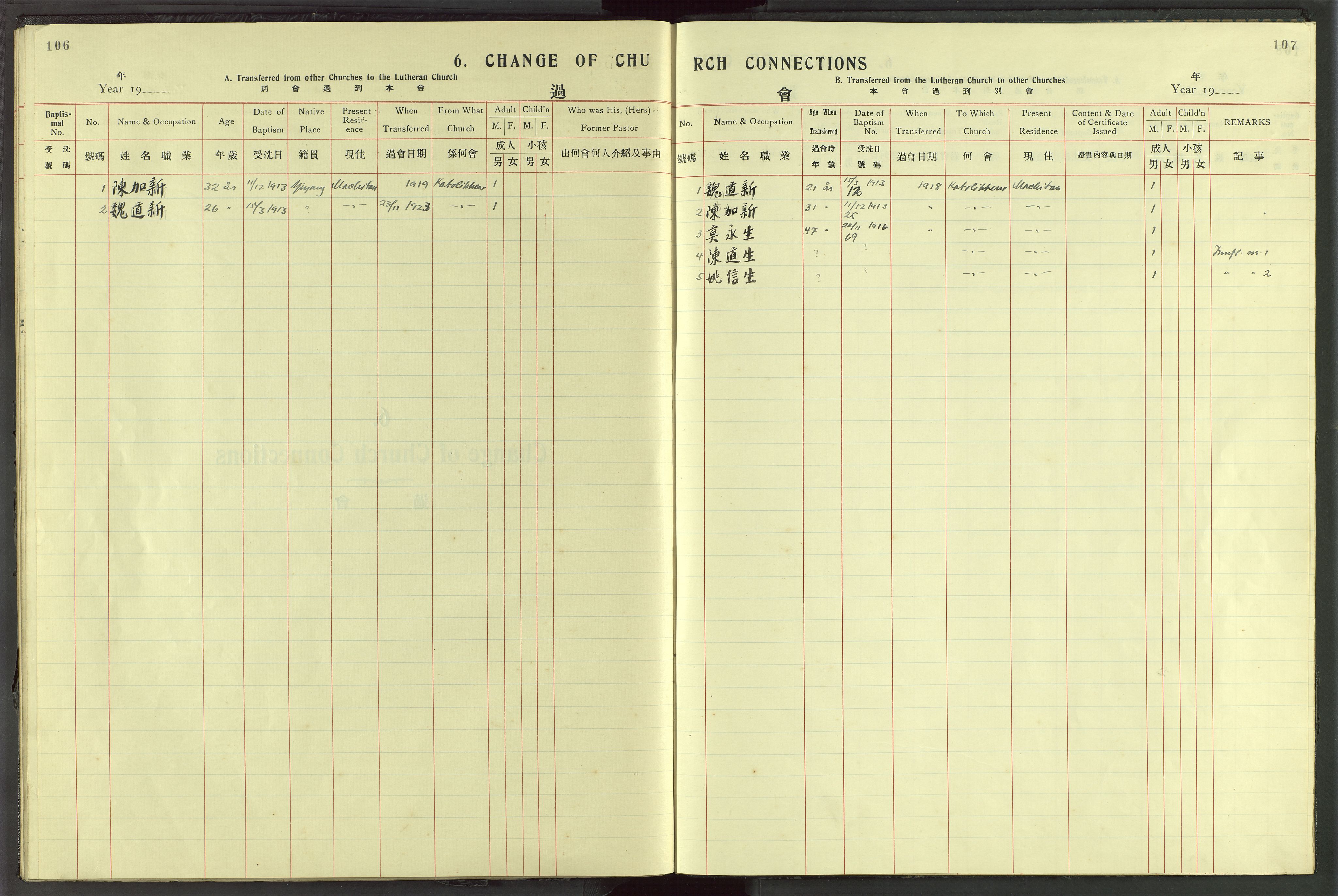 Det Norske Misjonsselskap - utland - Kina (Hunan), VID/MA-A-1065/Dm/L0072: Parish register (official) no. 110, 1911-1948, p. 106-107