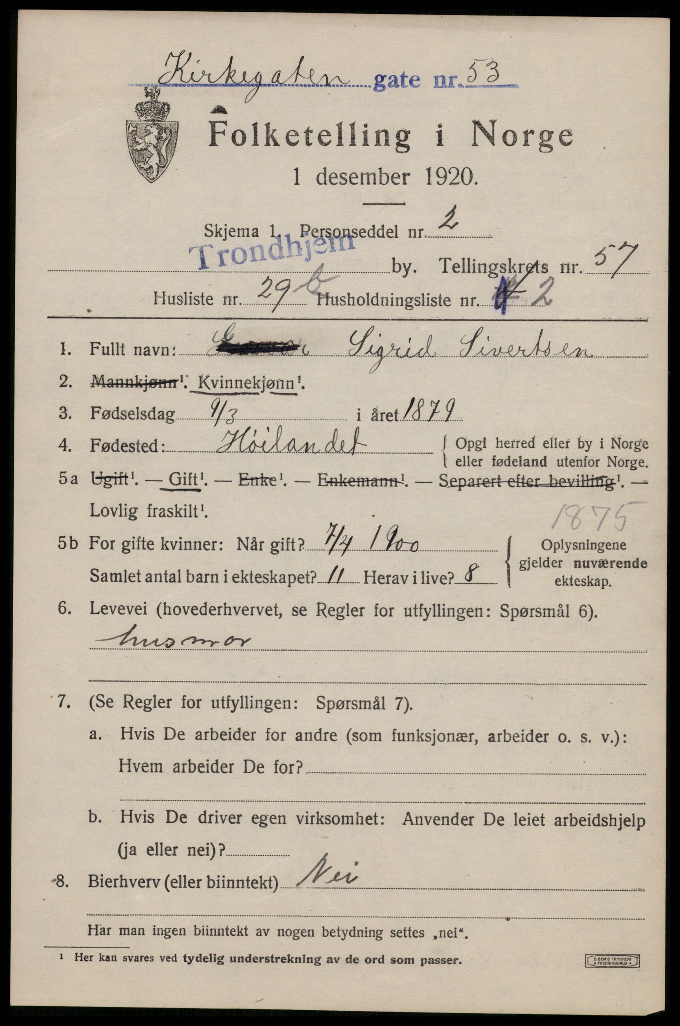 SAT, 1920 census for Trondheim, 1920, p. 116640