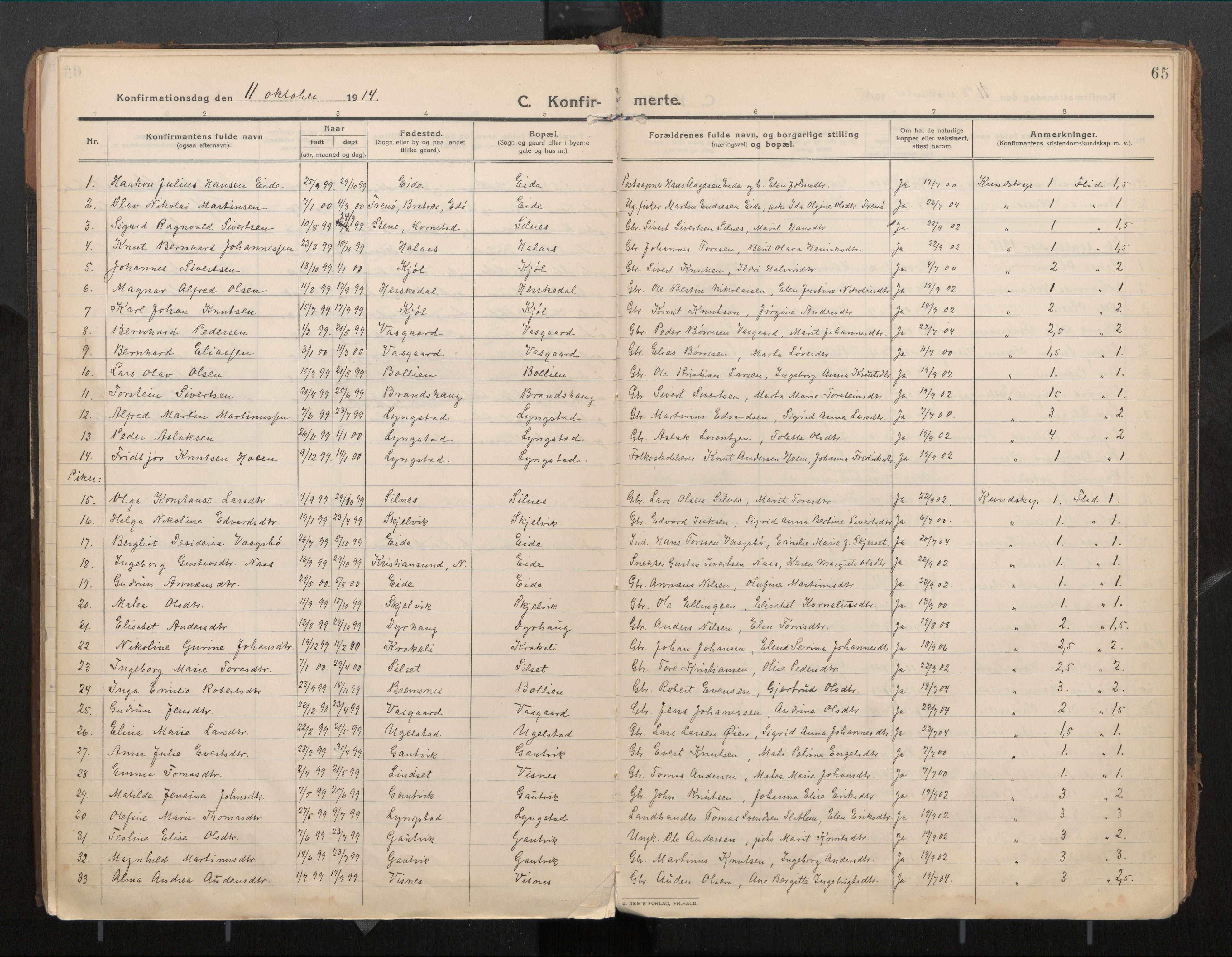 Ministerialprotokoller, klokkerbøker og fødselsregistre - Møre og Romsdal, SAT/A-1454/571/L0836b: Parish register (official) no. 571A03, 1911-1926, p. 65