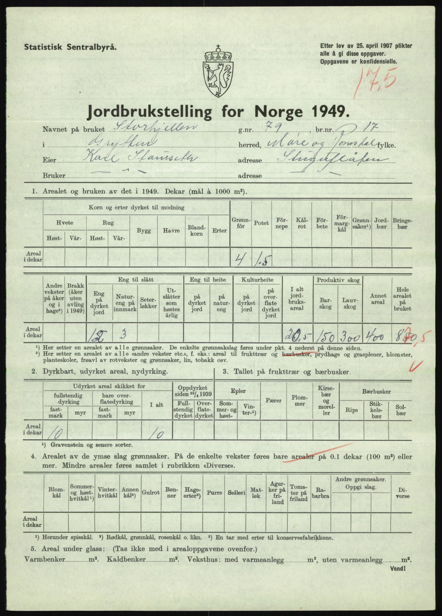 Statistisk sentralbyrå, Næringsøkonomiske emner, Jordbruk, skogbruk, jakt, fiske og fangst, AV/RA-S-2234/G/Gc/L0323: Møre og Romsdal: Grytten og Hen, 1949, p. 151