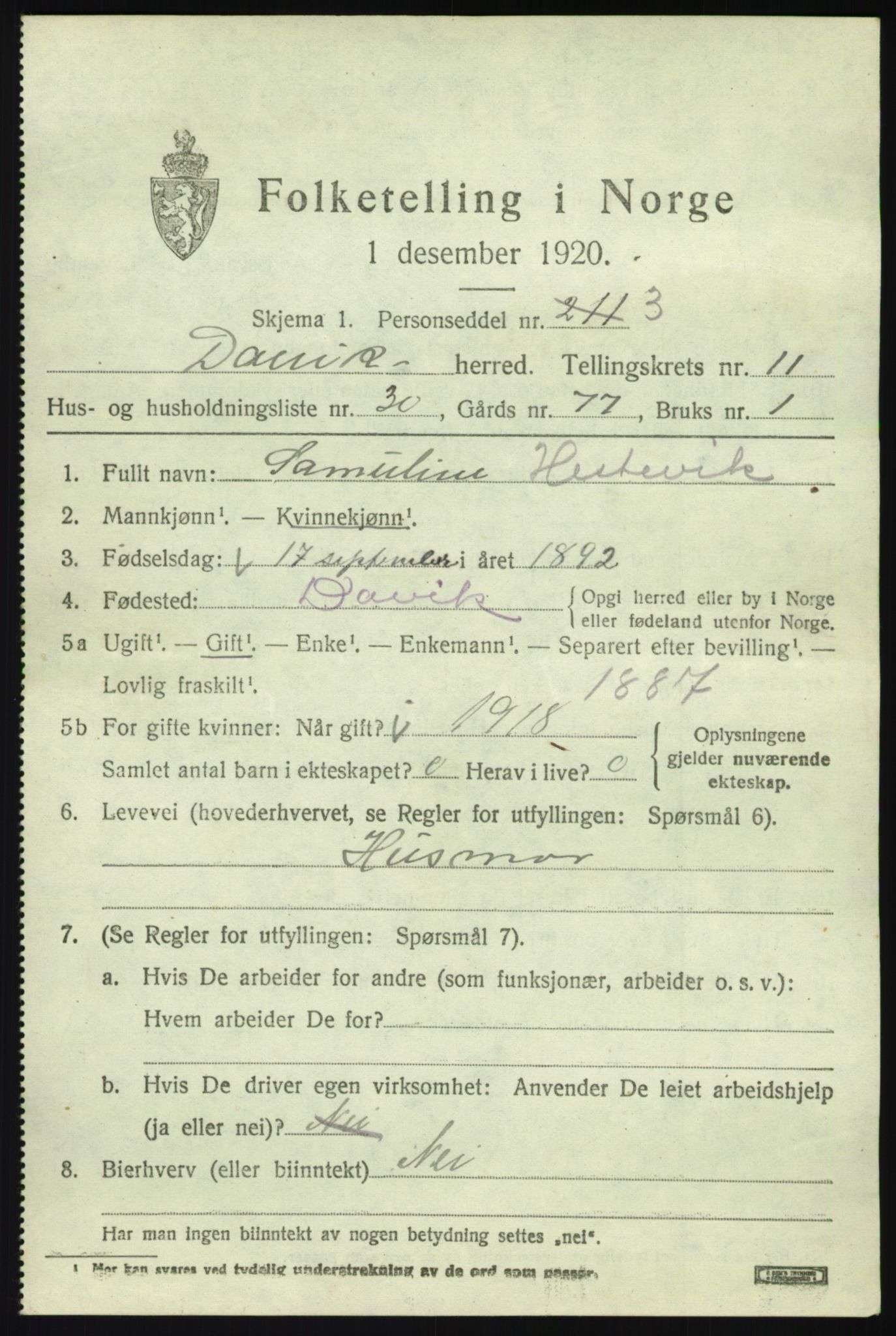 SAB, 1920 census for Davik, 1920, p. 5785