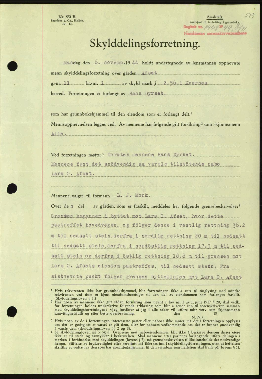 Nordmøre sorenskriveri, AV/SAT-A-4132/1/2/2Ca: Mortgage book no. A98, 1944-1944, Diary no: : 1928/1944